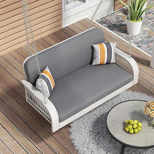 Miniatura 7 de Polibi Banco oscilante de ratán con almohada de cojín, 2 asientos para porche, para jardín, patio trasero, estanque, patio (mimbre marrón, cojín