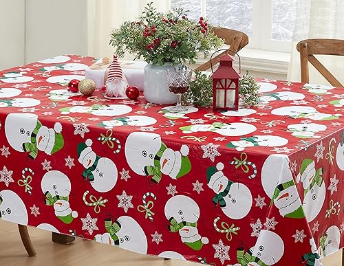 Miniatura 7 de Newbridge Mantel de vinilo de Navidad con diseño de muñeco de nieve rojo con reverso de franela, bastón de caramelo y copos de nieve, mantel de