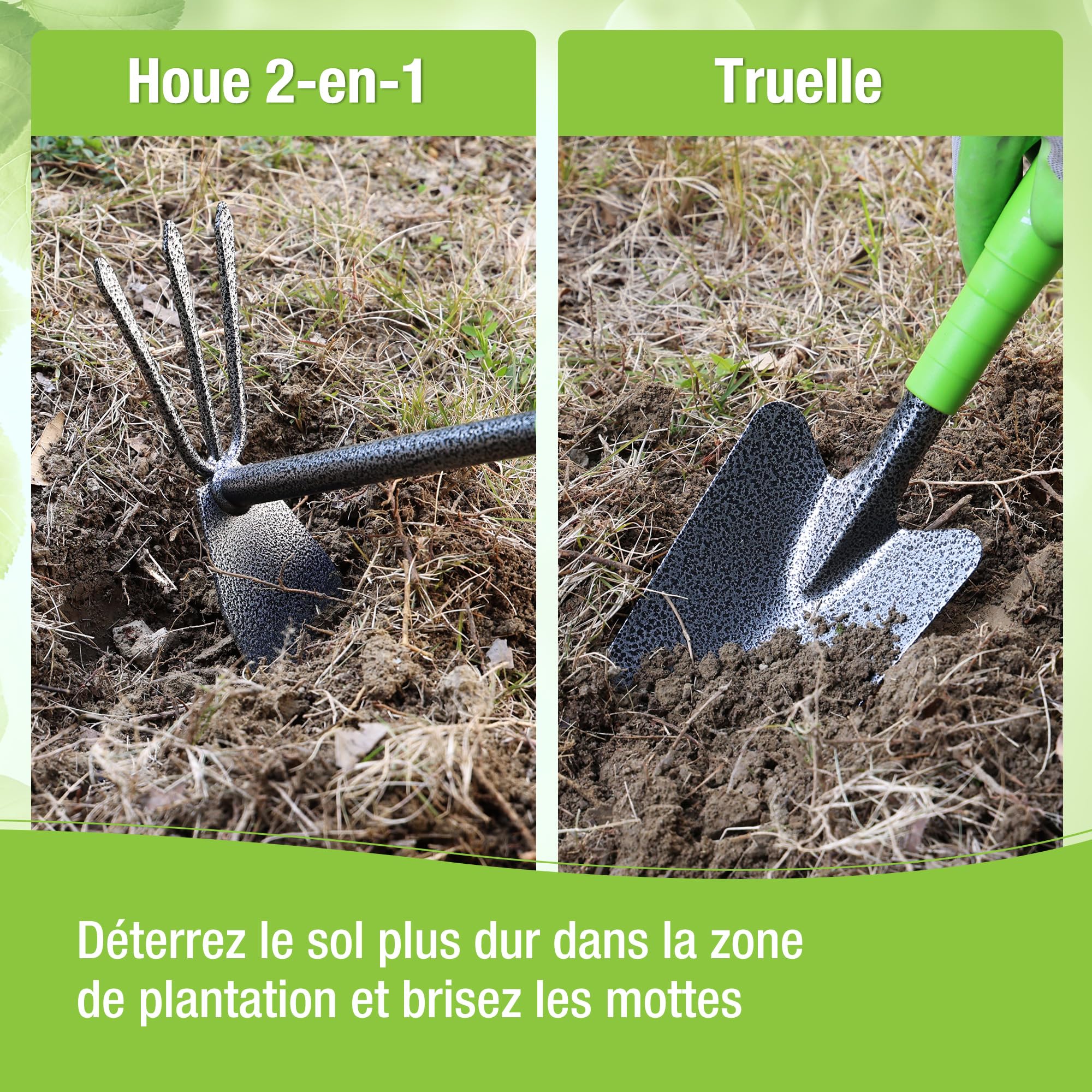 WORKPRO Outils de Jardinage 6 Pièces, Kit d'outils de Jardin en Acier Inoxydable avec Houe 2-en-1, Treulle, Râteaux, Couteau Désherbeur, Finition Martelée, pour Taille et Entretien, Cadeaux de Jardin