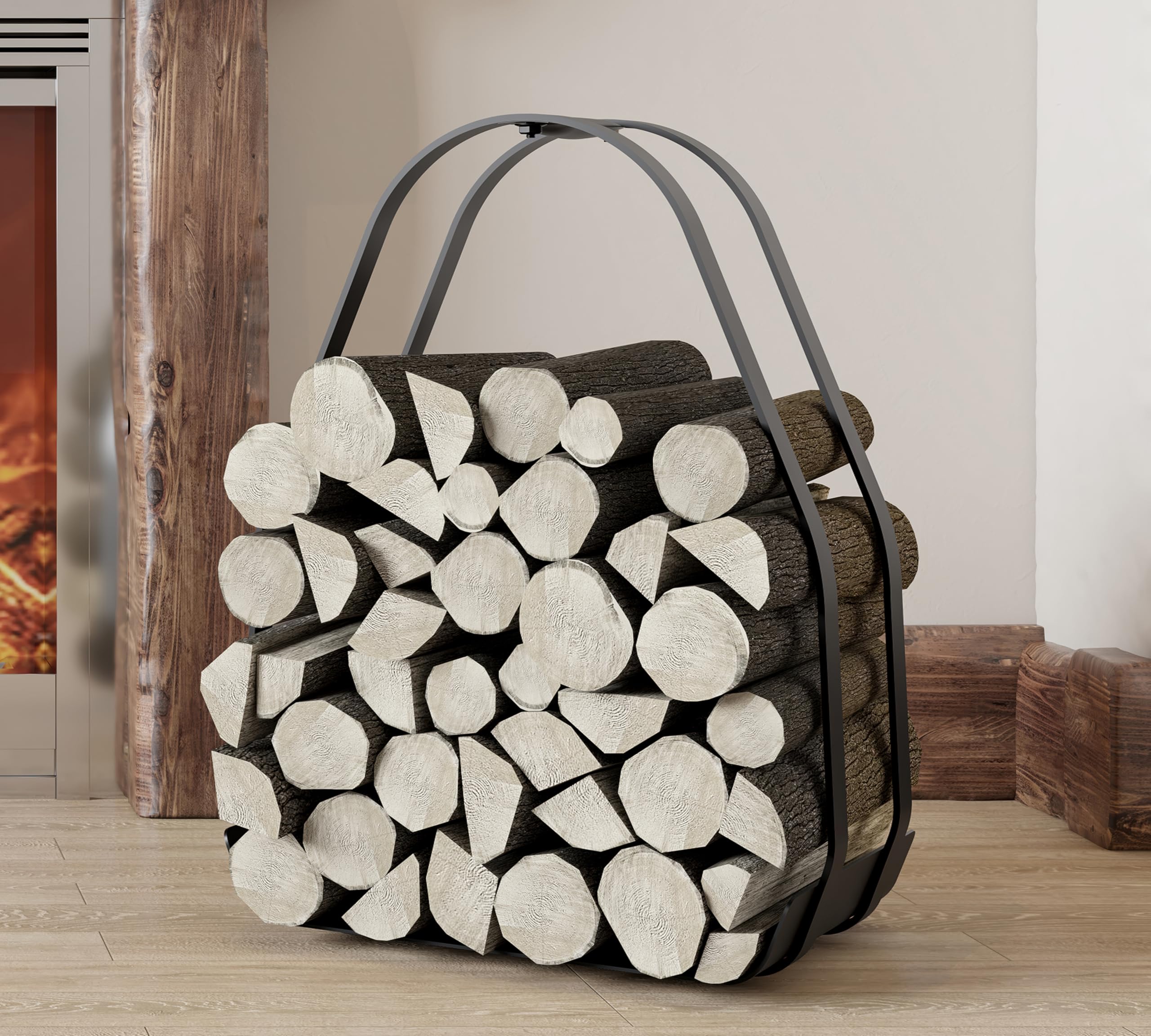Kingson Kosz na drewno kominkowe – czarny metalowy pojemnik na drewno opałowe z powłoką proszkową z uchwytem – 36×35×48cm – żelazna rama i podstawa – płaskie opakowanie, wymagany montaż