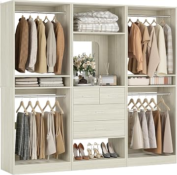 Unikito 75 Inch Closet System with 4 Drawers, 4 Hanging Rods and Mirror