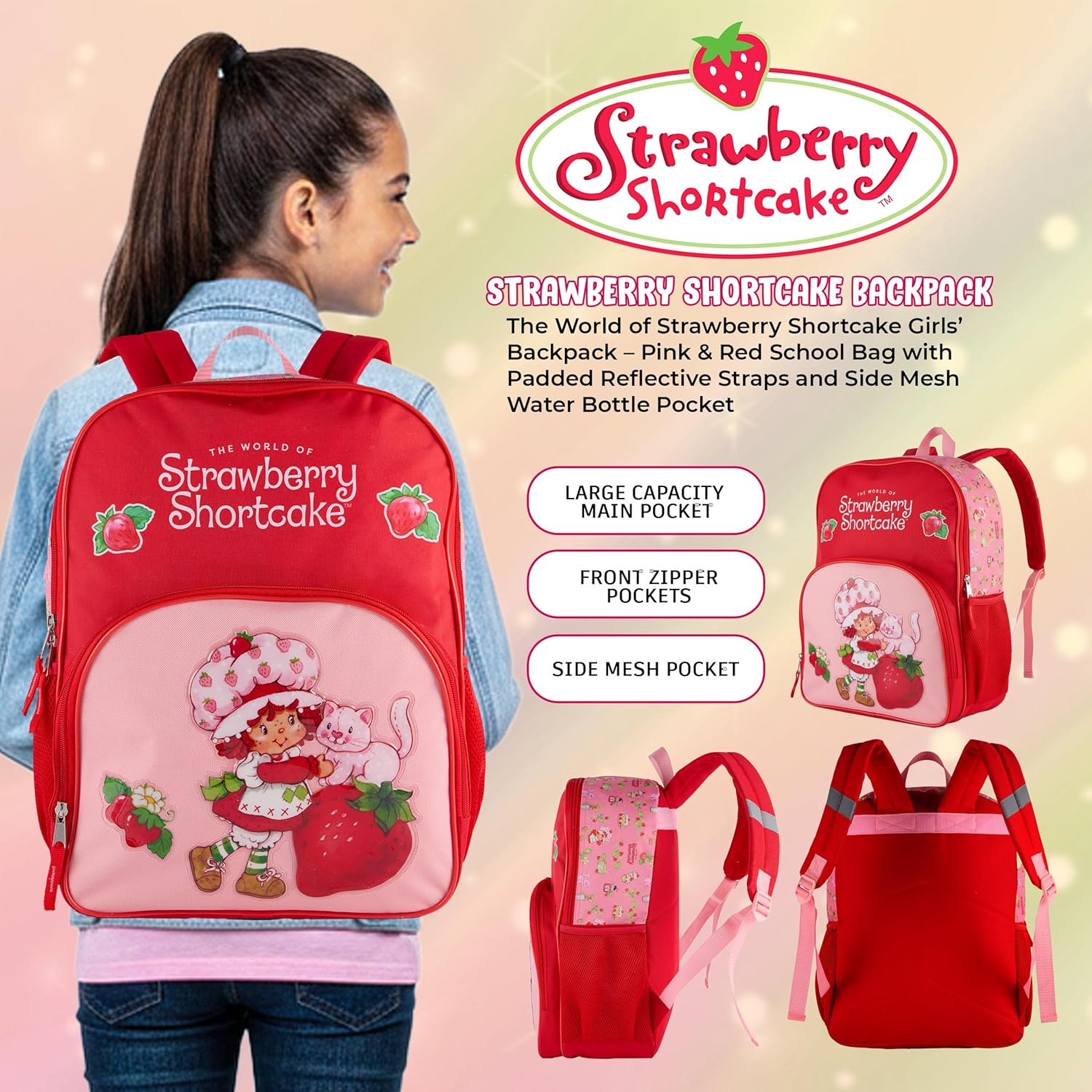 AI ACCESSORY INNOVATIONS Strawberry Shortcake Backpack for Girls Bookbag featuring Strawberry Shortcake & Custard, 15 Inch School Bag, Pink
