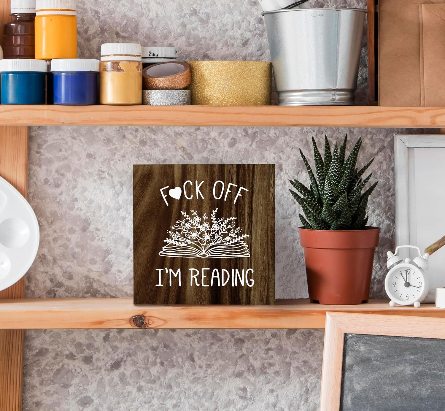 SRADMO I'm Reading Minimalist Floral Book Wood Box Sign Desk Decor, Brown Inspirational Reading Wooden Block Box Sign Decoration for Home Reading Room Library Shelf Table Decorative Accessories image 4