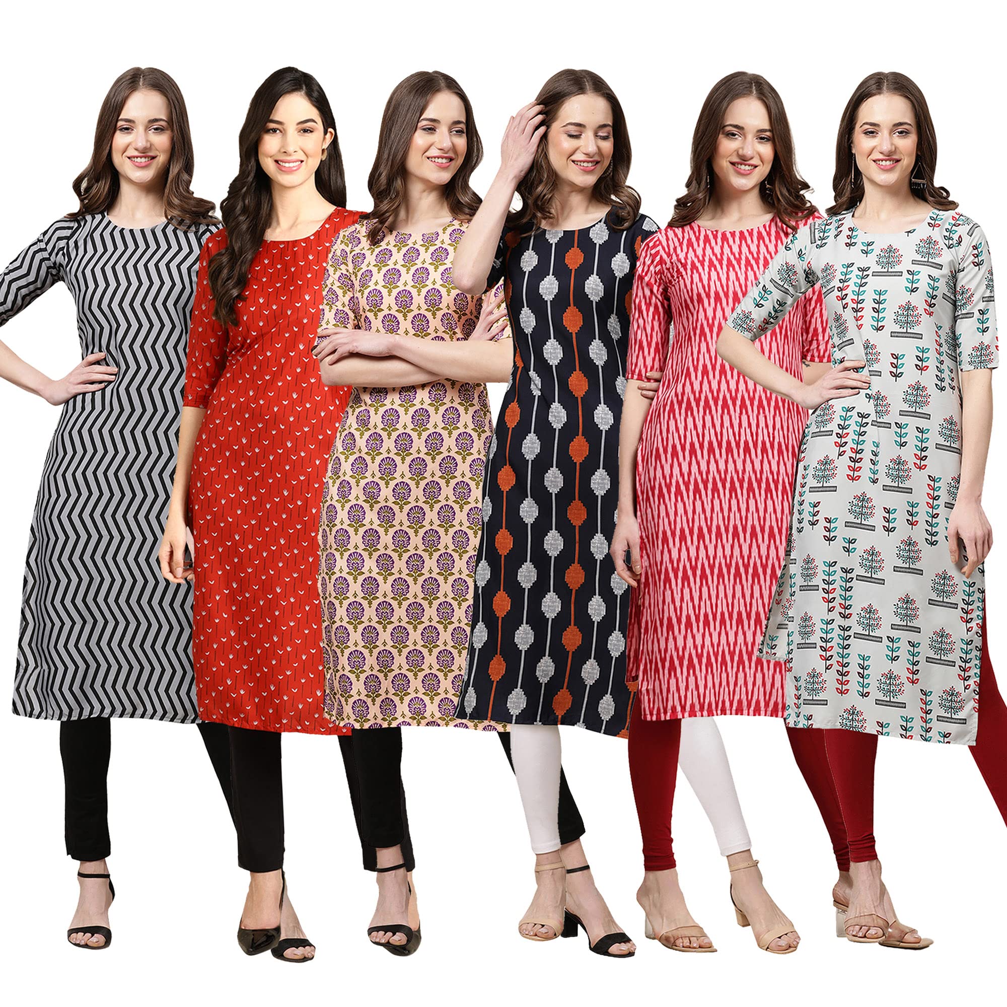 Pinkmint Women's Crepe Digital Print Straight Kurta Pack Of 6 [Cr-336-370-332-330-328-340-L]
