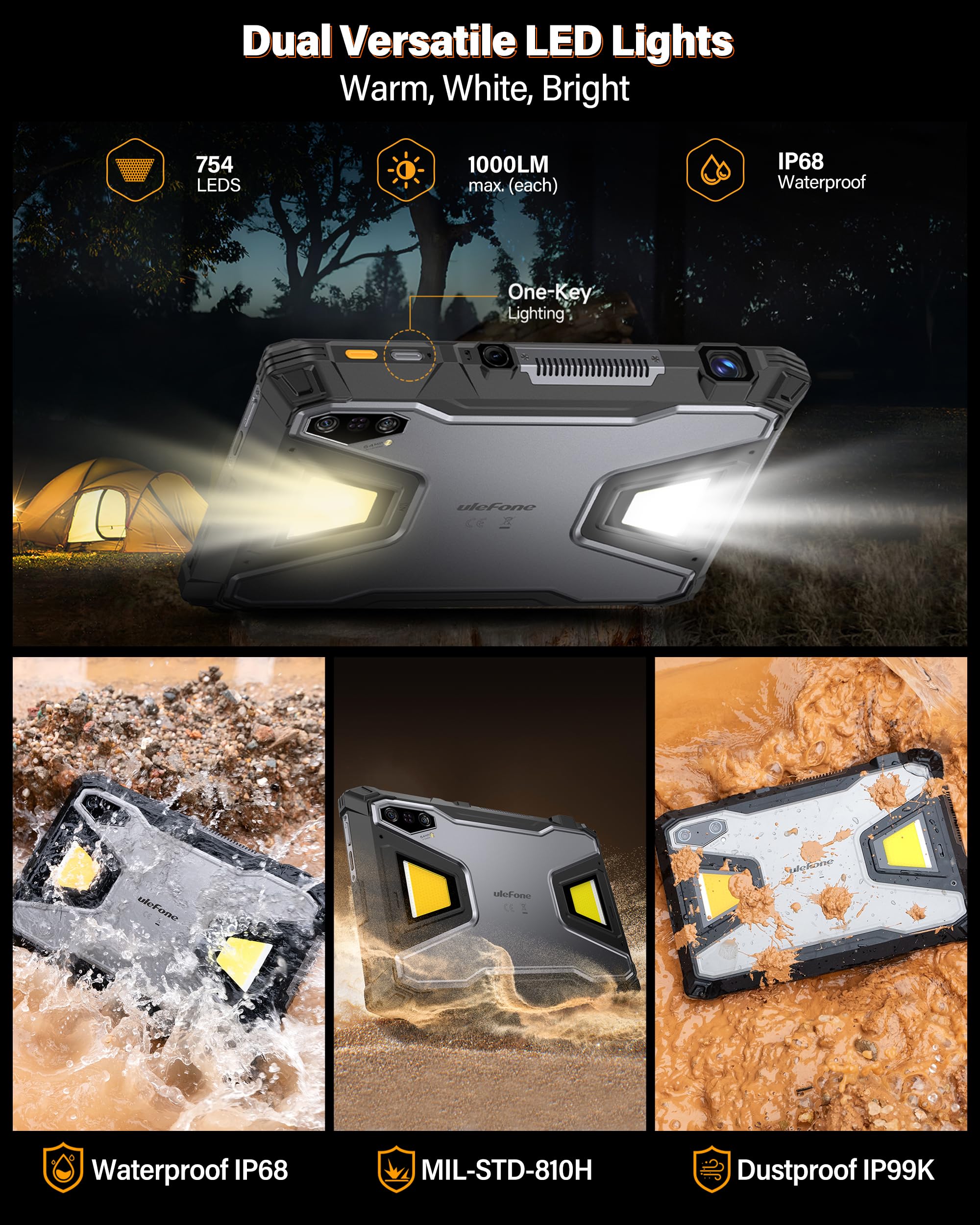Ulefone Armor Pad 5 Ultra 5G KI-Outdoor Tablet mit Projektoren, 11" FHD+ 512GB/2TB, Rugged Smartphone Android 15, Nachtsicht, 24200mAh/120W, IP68 Wasserdicht Tablet,4G,5G,GPS,NFC,WiFi 6E,Fingerabdruck