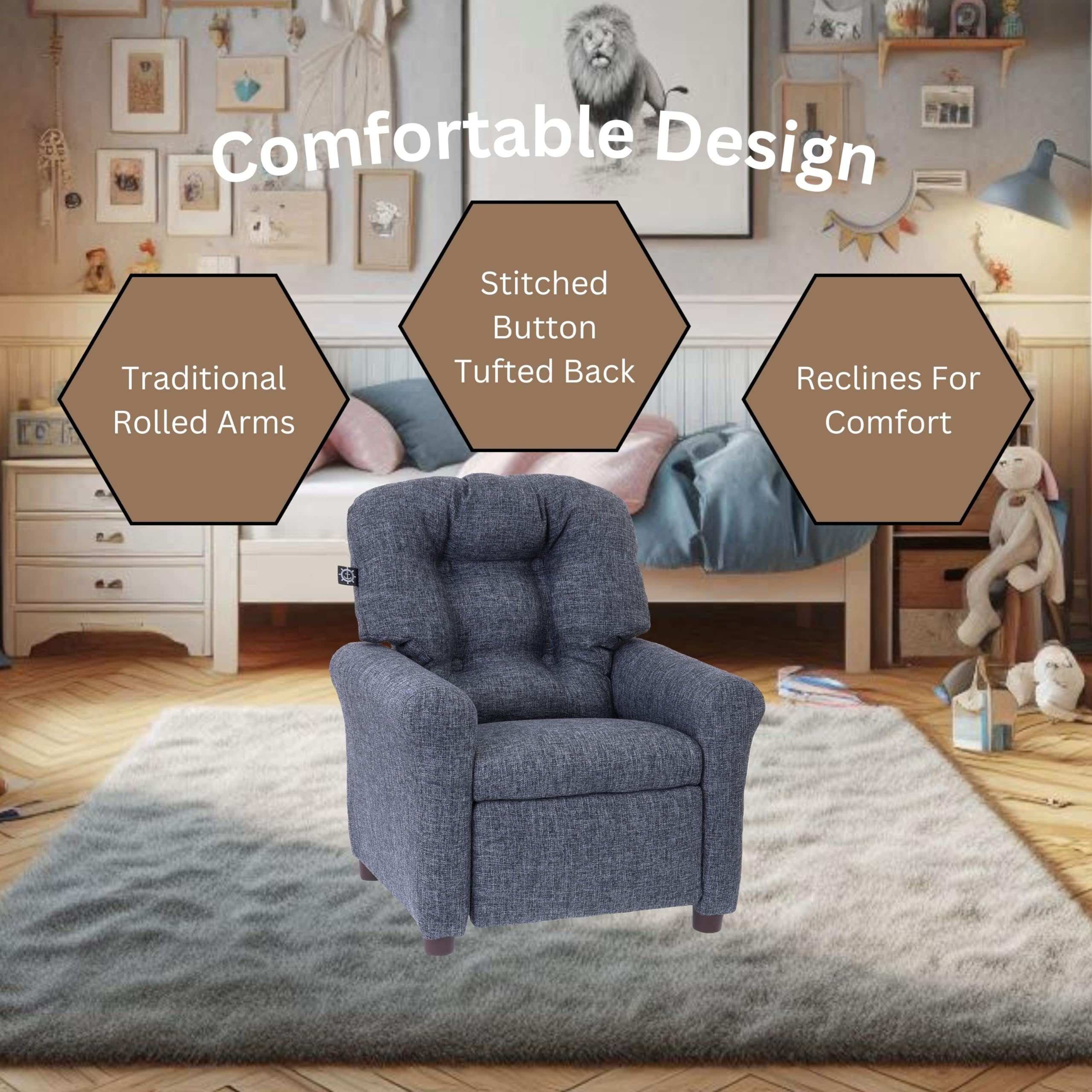 The Crew Furniture Traditional Kids Recliner, Toddler Ages 1-5 Years, Home Décor Polyester Linen, Gray