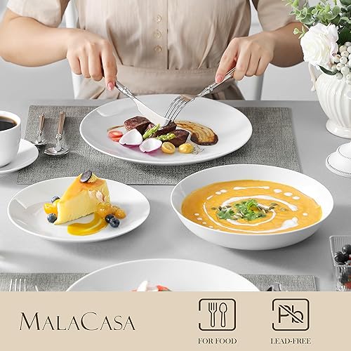 Miniatura 3 de MALACASA 30-Piece Gourmet Porcelain Dinnerware Sets, Modern White Round Dish Set for 6 - Premium Serving Plates and Bowls Sets for Dessert, Salad