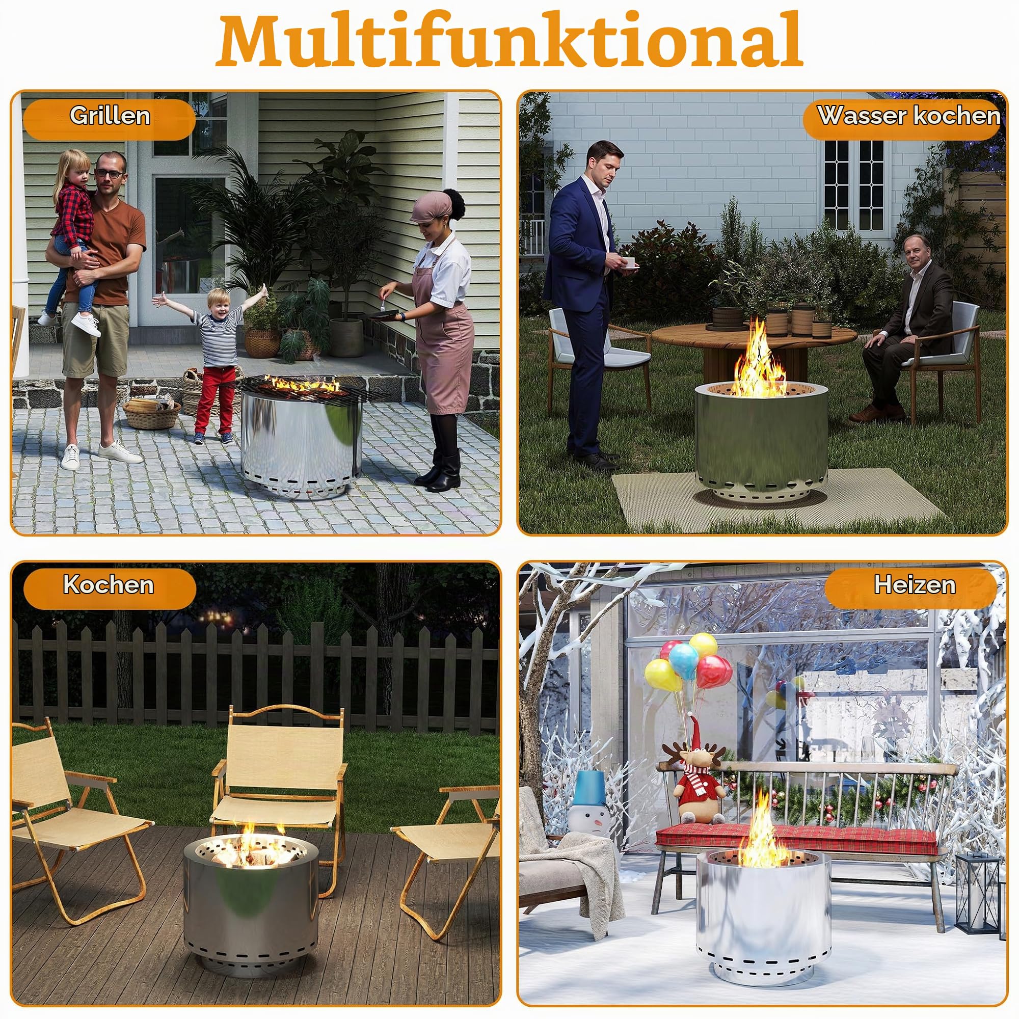 LZQ Feuerschale Edelstahl 49cm Raucharm Garten Feuerstelle Outdoor Kamin Holzofen Feuerkorb Gartenkamin Holzvergaser Ofen mit Tasche, Rund Feuertonne Campingkocher Tragbar Für Terrasse Camping BBQ