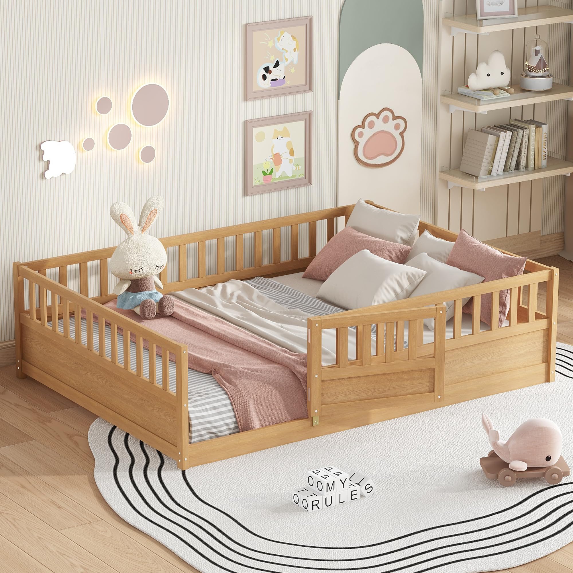 Bellemave Full Size Floor Bed with Slats and Door, Full Size Montessori Floor Bed with Rails, Easy Assemble Montessori Beds Frame for Bedroom, Natural