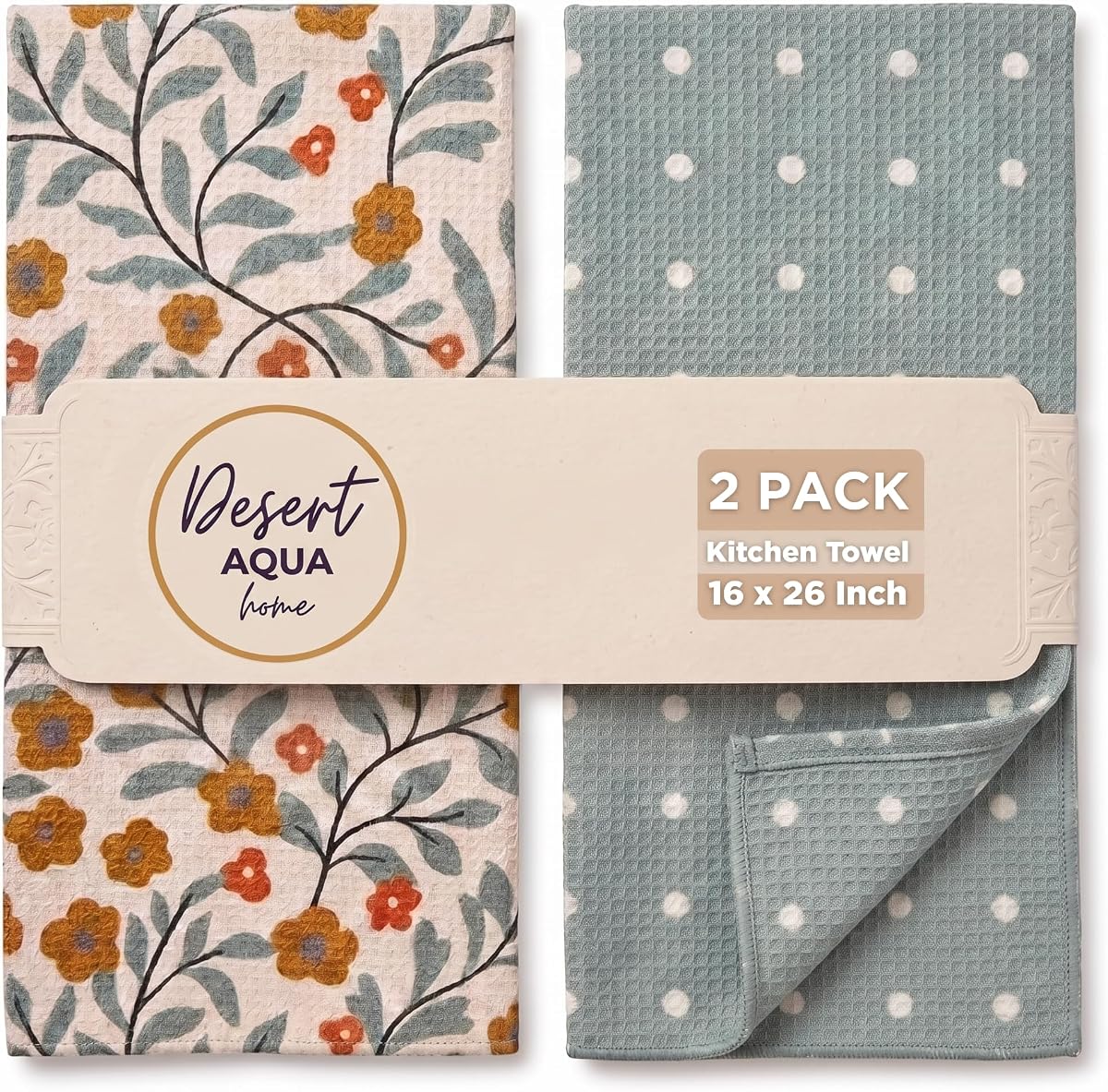 Kitchen Towels, Dish Towels for Kitchen, 2 Pc Kitchen Towel Set | Microfiber Waffle Towels, 16 x 26 inches, with Hanging Loops, Reusable Tea Towels, Cute Kitchen Towels - 2 Pack