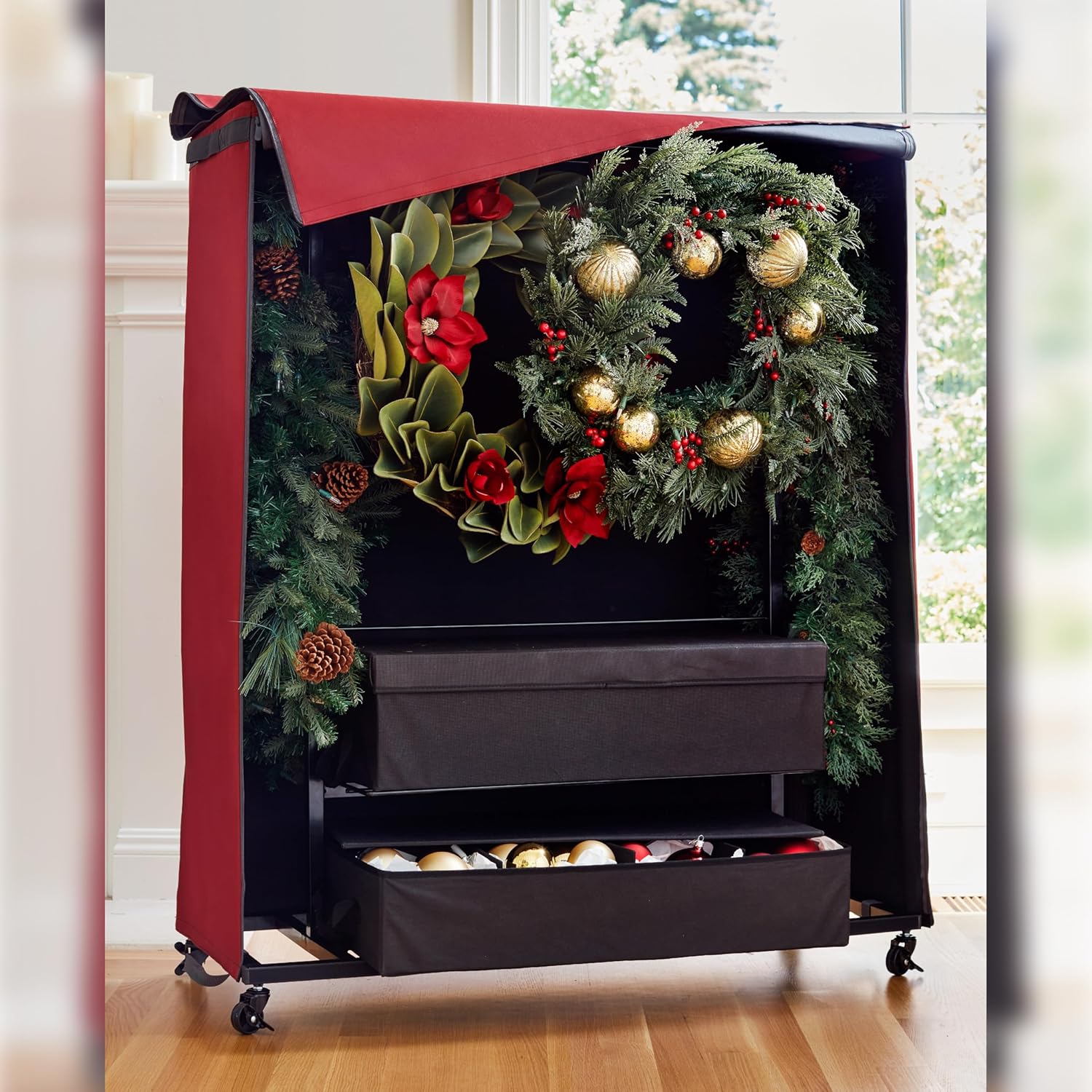 Balsam Hill Wreath & Garland Rolling Storage Chest - Premium All-in-One Christmas Storage Solution with Locking Wheels and Adjustable Clips for Multiple Wreaths and Garlands