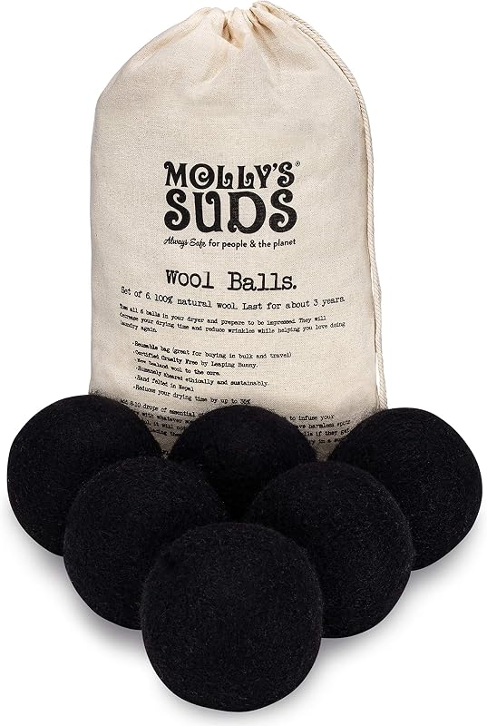 Bolas secadoras de lana Suds de Molly's | XL, Suavizante de telas orgánico premium, hipoalergénico, fieltro a mano, reutilizable, reduce el tiempo de secado | Negro, juego de 6