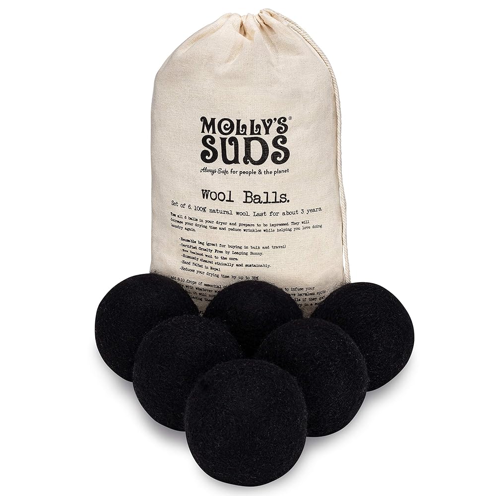 Molly\'s Suds Wool Dryer Balls | XL, Premium Organic Fabric Softener, Hypoallergenic, Hand-Felted, Reusable, Reduce Drying Time | Black, Set of 6