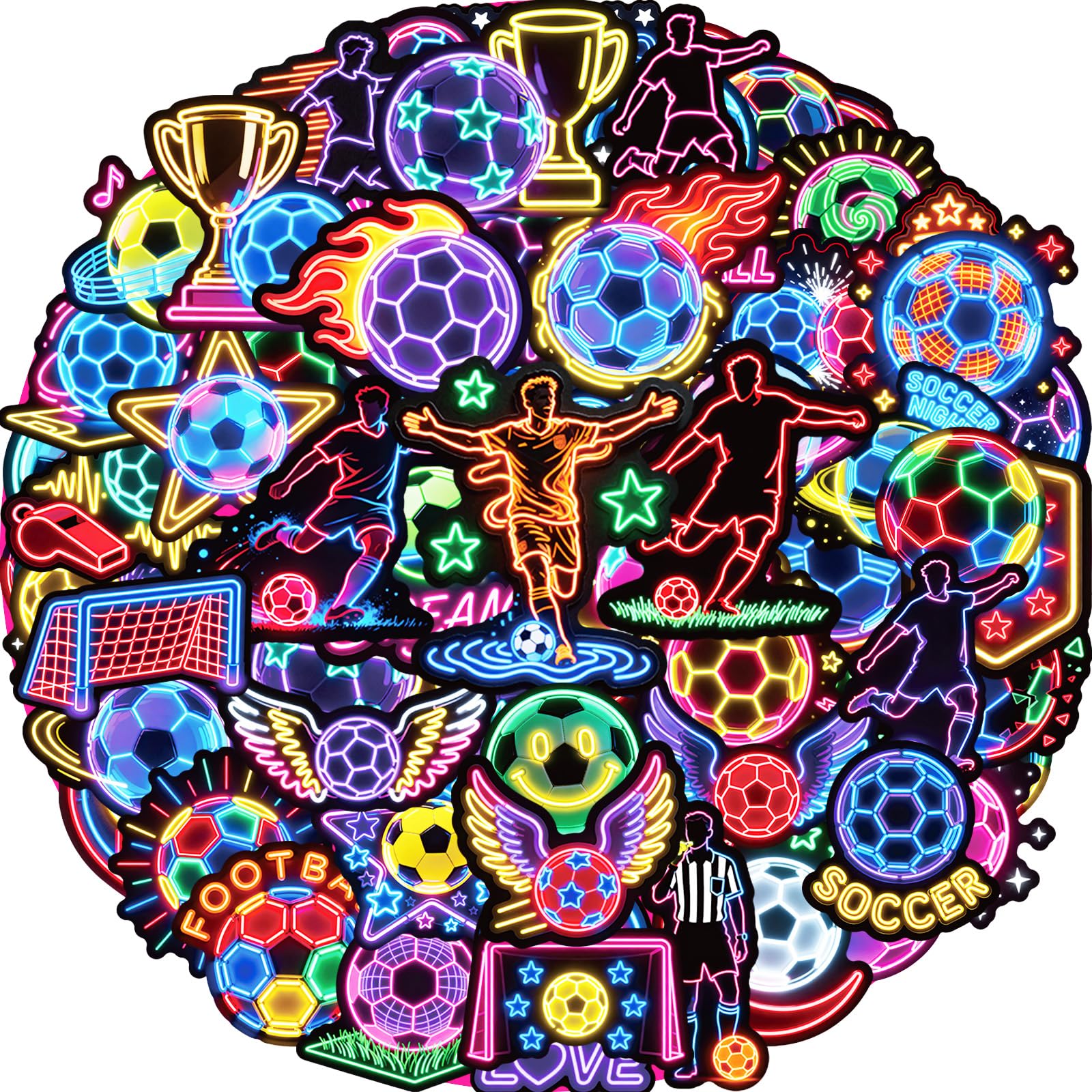 Soccer Stickers 56 Pcs Cool Neon Football Sticker Pack, Reward & Prizes for Kids Classroom, Waterproof Vinyl Stickers for Water Bottles, Scrapbook, Journal, Skateboard, Laptop, Tumbler, Luggage etc