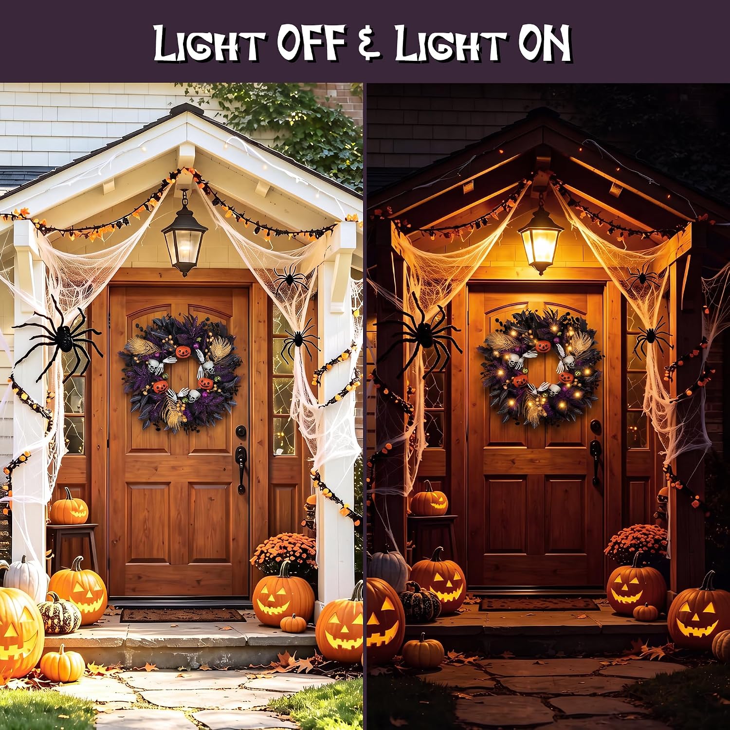Aneco 24 Inch Halloween Wreath for Front Door with Lights Pre-Lit Gothic Pumpkin Wreath Halloween Decorations for Home Porch Table Centerpiece Window Wall Holiday Party Decor