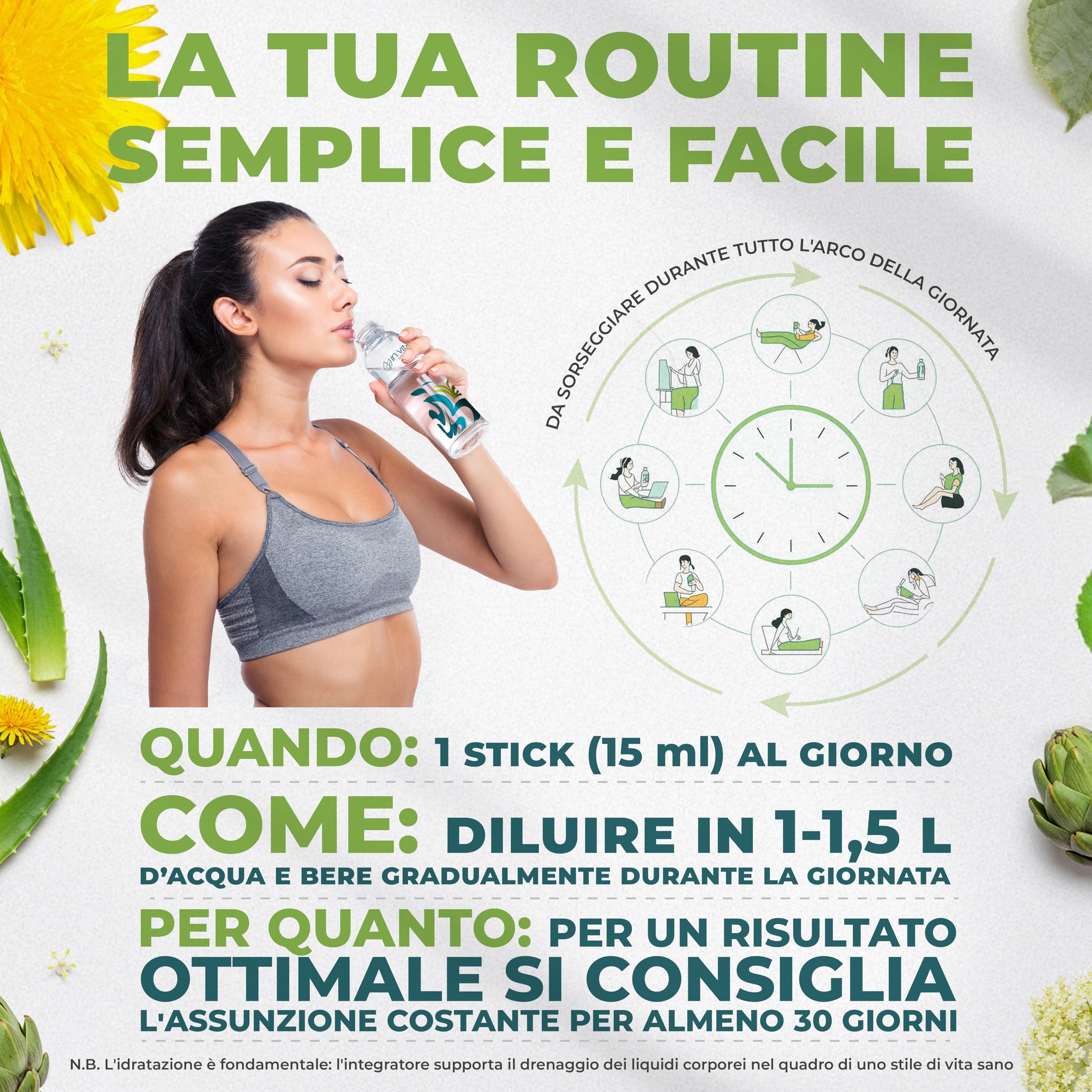 IN VITAE Drenante Forte - Integratore con Aloe, Tarassaco, Betulla, Carciofo e Sambuco - Supporto al Drenaggio dei Liquidi Corporei e Funzioni Depurative - 20 Stick Gel - Made in Italy