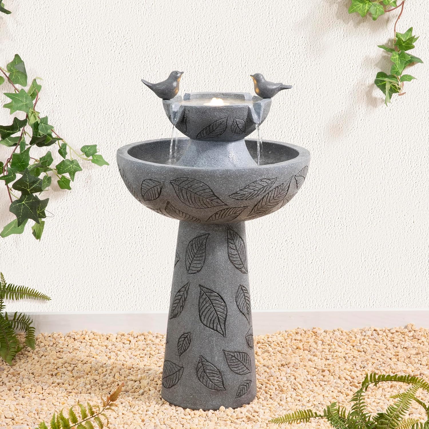 Glitzhome Water Fountain Outdoor, Outdoor Fountain with Lights & Pump, 26" H 2-Tiered Polyresin Bird Bath Fountain Waterfall Floor-Standing Water Feature for Garden, Yard, Patio, Home Decor