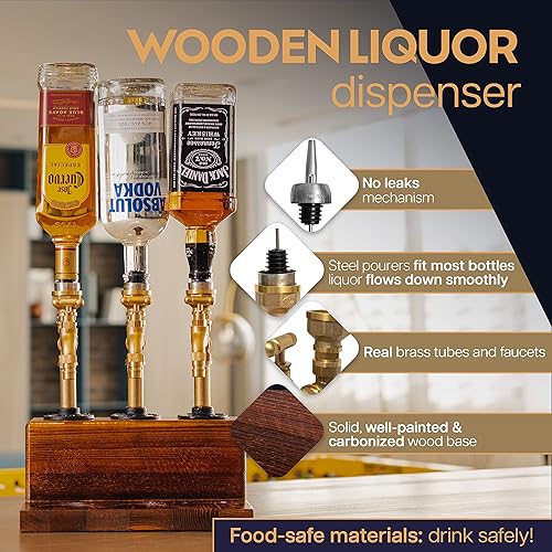 Miniatura 5 de Dispensador de licor de madera, base sólida, latón real, a prueba de fugas, dispensador de vertido suave para bar en casa, regalos de alcohol para