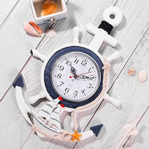 Miniatura 4 de Sea Theme náutico ancla volante de pesca red reloj de pared traje para colgar decoración ornamento estante soporte montado en la pared