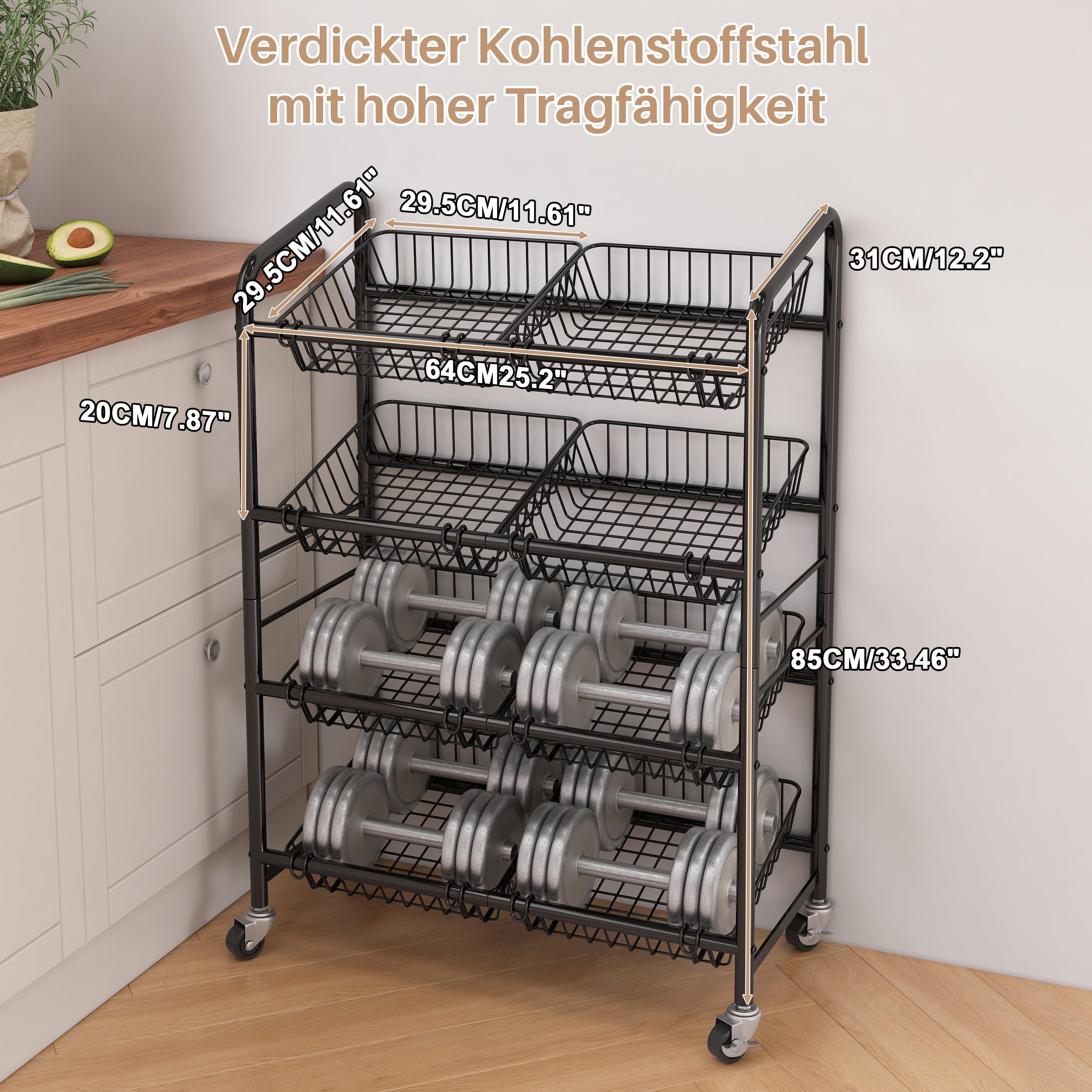 Metall Küchenwagen mit 8 Körben, 4 Ebenen Aufbewahrung Rollwagen | Multifunktionales Regal mit Herausnehmbare Körbe, Rollen, Mobiler Snackwagen, für Obst, Gemüse, Zwiebeln, Kartoffeln,Schwarz