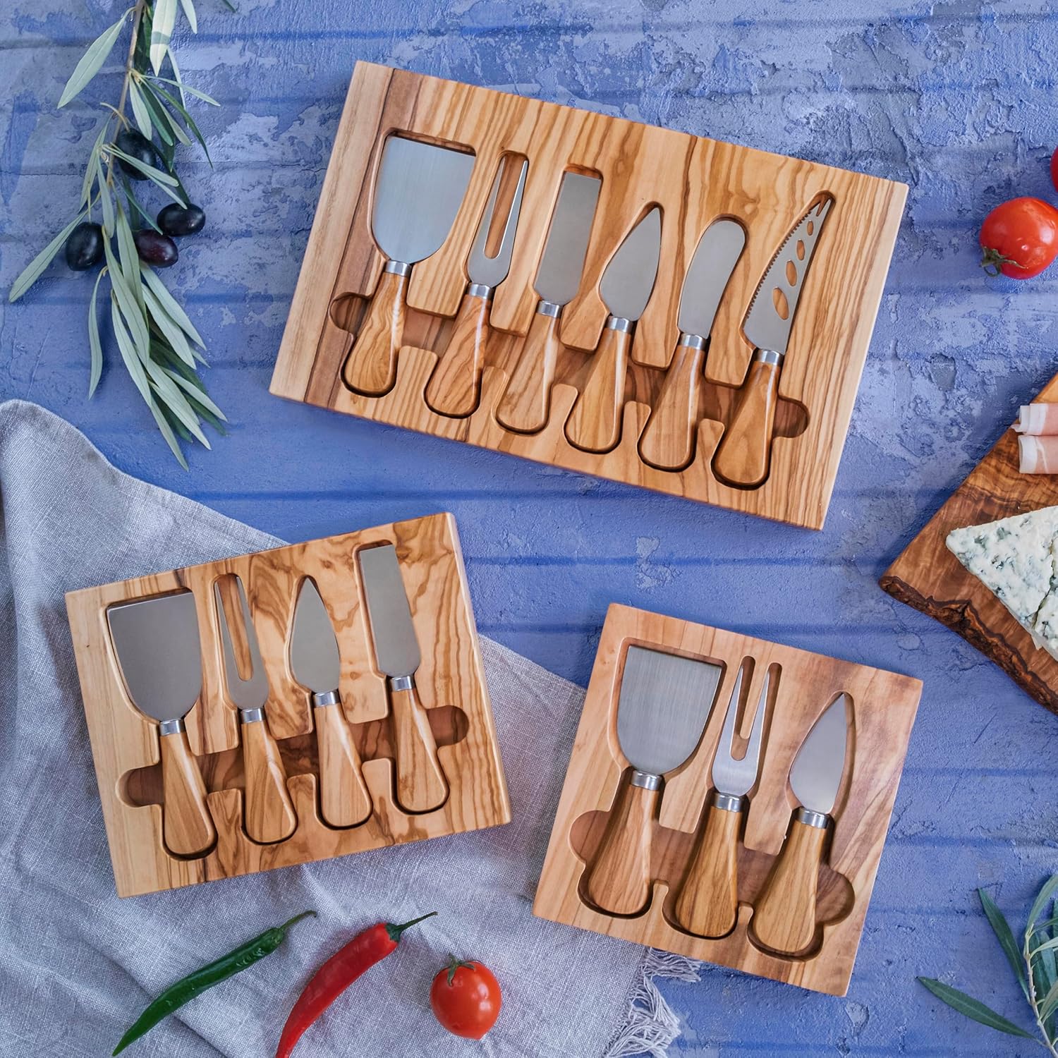 Forest Decor Cheese Knives Set with Premium Olive Wood Holder | Stainless Cheese Knifes for Charcuterie Board & Cheese Spread | Housewarming Gift for Party, Wedding, and Christmas - 6 Piece Set