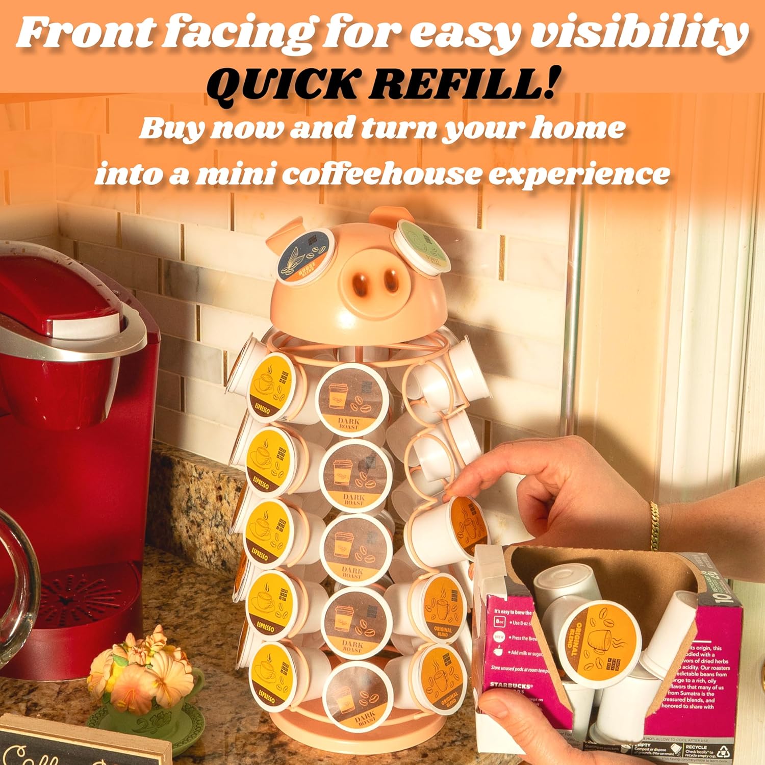 Made Easy Kit Carousel Coffee Pod Holder, Compatible with Keurig K-Pods K-Cups, Countertop Rack Storage Organizer, Metal Home and Kitchen Decor, Capsule Café Station Bar (Small, Pink Pig)