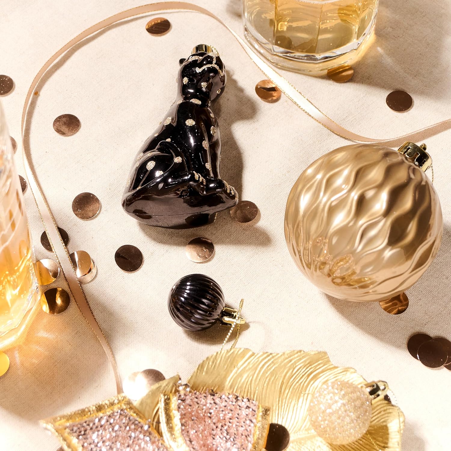 DecorbyHannah Black Gold Christmas Ornaments Set, 60ct Shatterproof Leopard Cheetah Print Christmas Ornaments for Xmas Tree, Assorted Decorative Hanging Plastic Ball Bulk for Xmas Home Party Decor