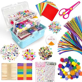 Obqo 2500+ Pcs Art and Craft Box for Kids, Craft Supplies With Pipe Cleaners, Pom Poms, Feather, Folding Storage Box - All in One Toddler Craft Set, Light Blue