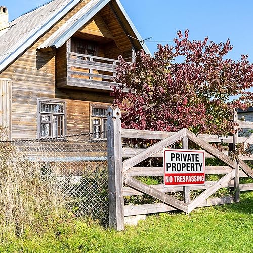 Miniatura 6 de Amylove 12 Pcs No Trespassing Signs - Private Property, 10 x 14 Inch, Aluminum, Rustic, Reflective Metal Signs for Indoor/Outdoor Driveway(Red)