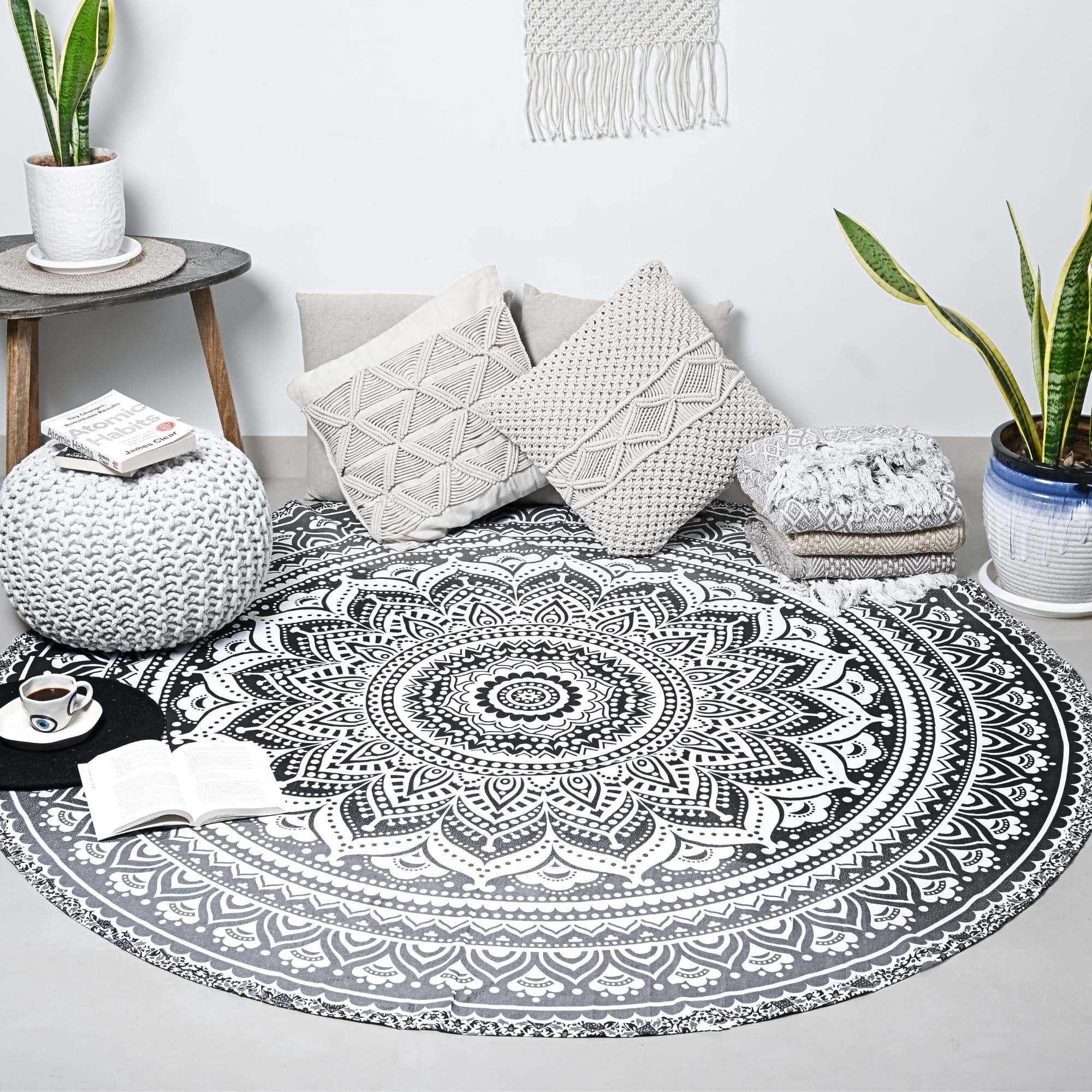 RAJRANGPeacock Mandala Round Tapestry Beach Towel Indian Maditation Bohemian Hippy Grey Psychedelic Dorm Room Decor - 48 Inch