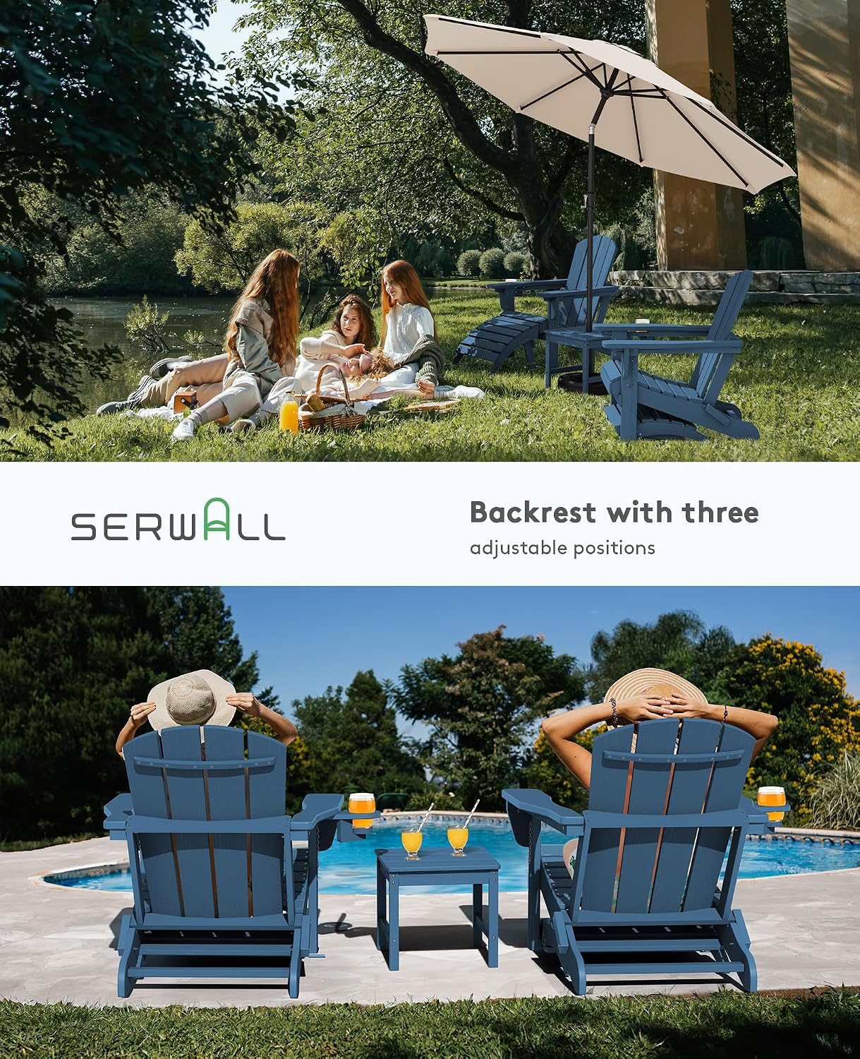 5-Piece Adirondack Chair and Ottoman and Table Set, HDPE Weather Resistant Adjustable Backrest Adirondack Chair with Ottoman and Side Table, Navy image 6