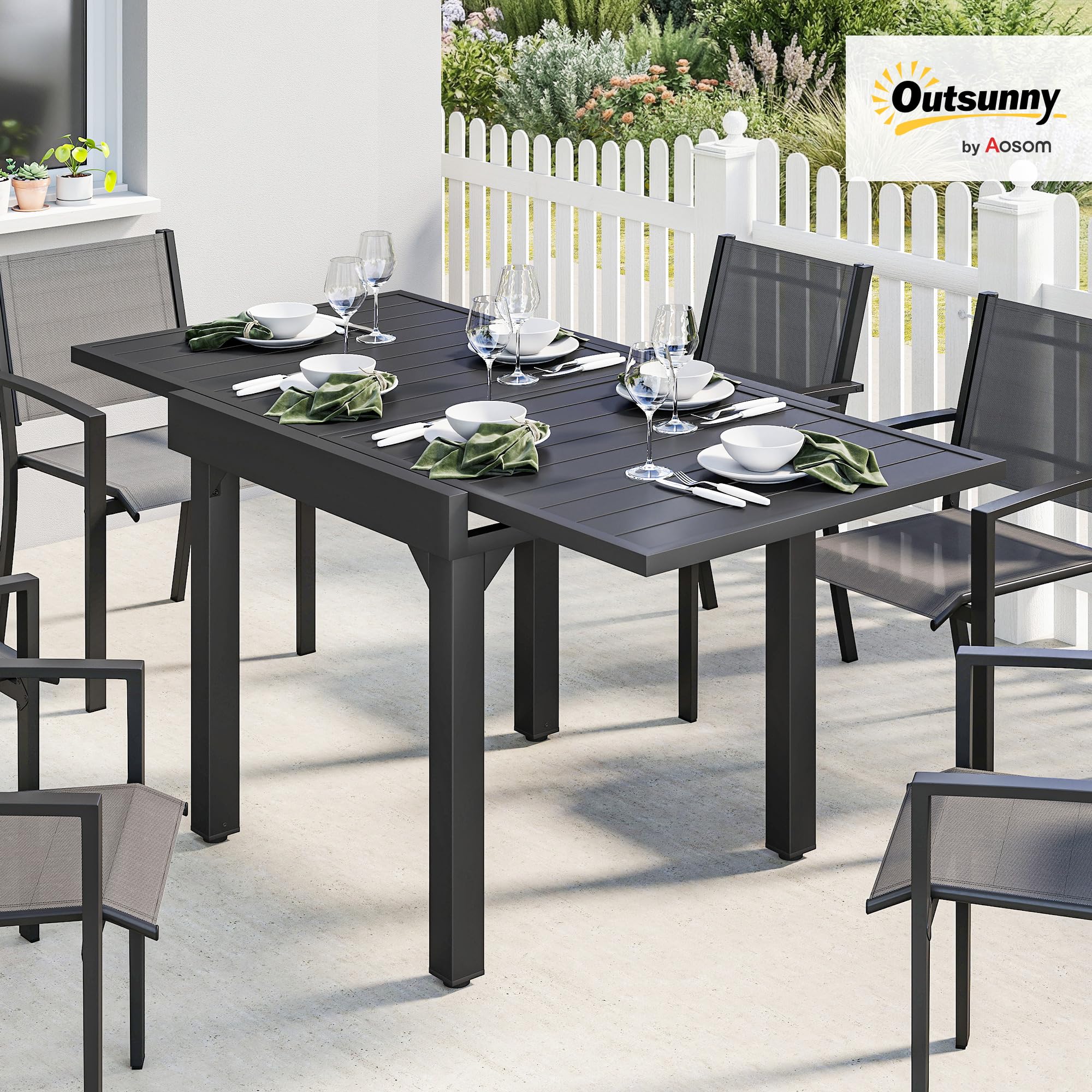 Outsunny Mesa de Jardín Extensible, Mesa de Comedor Exterior Extensible 80/160x80 cm, de Aluminio, con Superficie de Lamas, Carga 70 kg, Mesita Rectangular para 4-6 Personas, para Patio Terraza, Negro