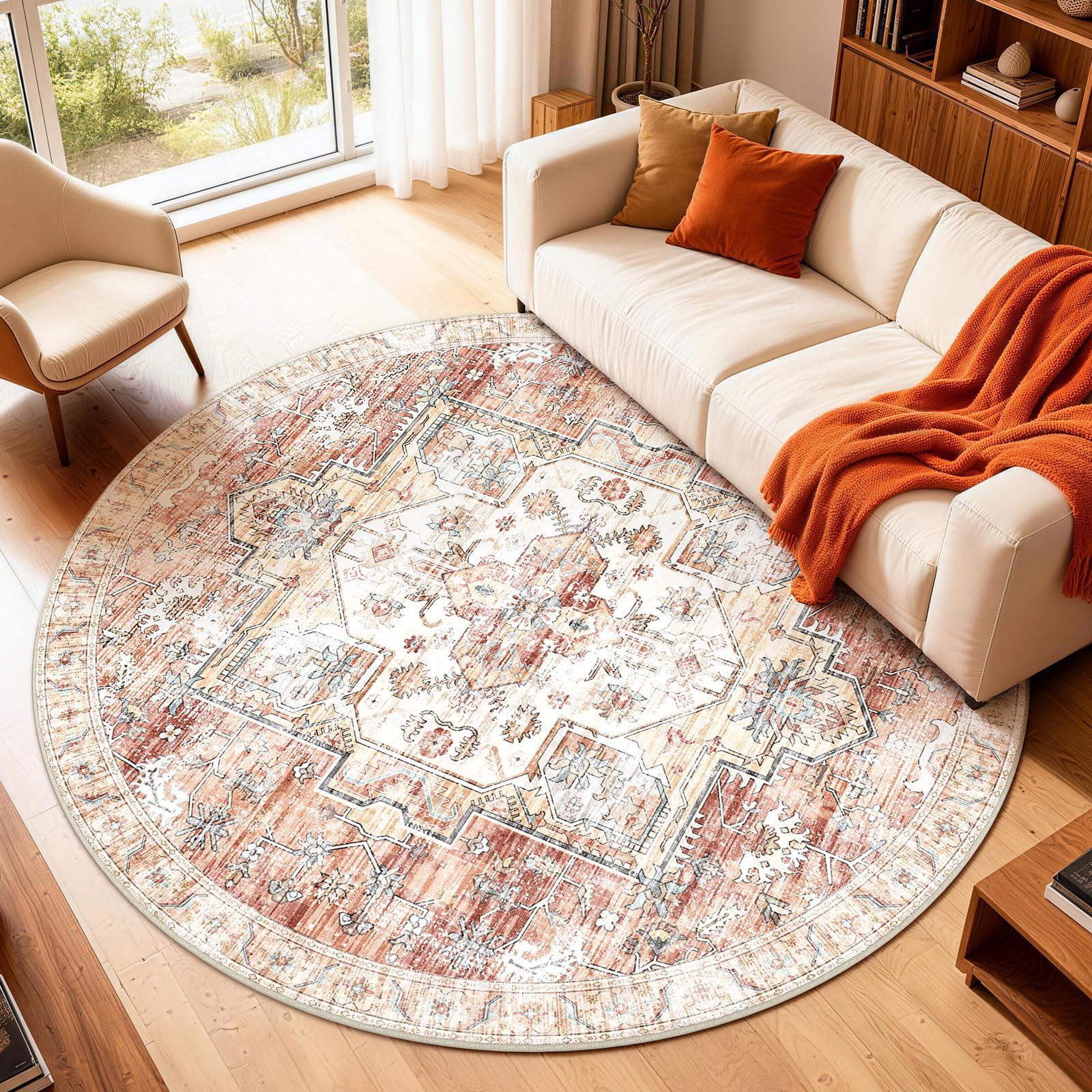 XSIVOD Round Living Room Rug, Washable Area Rugs for Bedroom, Non Slip Vintage Rugs for Dining Room Home Office, Soft Low Pile Floral Rug Accent Floor Carpet for Home Decor, 120 x 120 cm, Orange