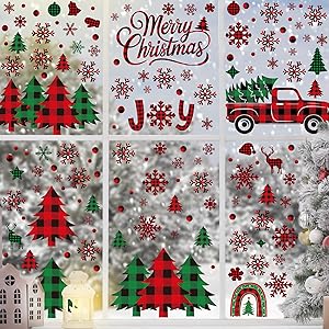 217 PCS Merry Christmas Window Clings, Red Black Green Plaid Christmas Tree Patterned Decorations, Double Sided Snowflake Decals Stickers for Winter Xmas Party Home Indoor Decorations Decor