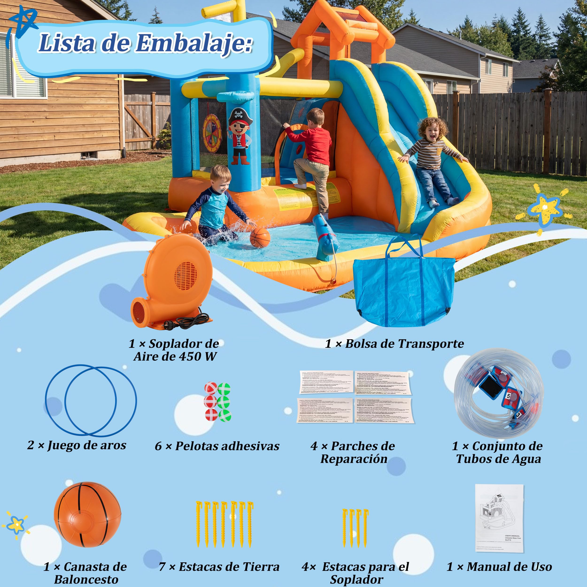 UEV Parque Hinchable 8 en 1 para Niños con Ventilador, 414 x 364 x 244 cm | Parque Infantil Temático Náutico con Tobogán y Pistola de Agua, Castillo Hinchable Interior y Exterior para Niños 3-10 Años
