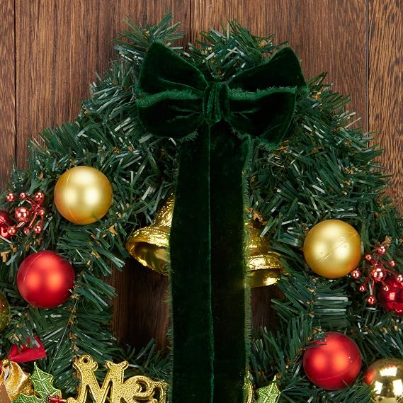 Keypan Green Velvet Ribbon for Christmas with Fringe, 1.5 in x 3 yd