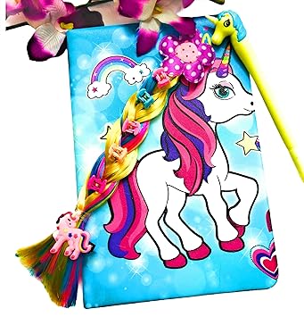 Le Delite Unicorn Diary with Pen/Unicorn Pony Hair Diary/Unicorn Cute Notebook + Unicorn Clips + Mini Hair clutchers(Pretend to Play ) + Unicorn Gel Pen