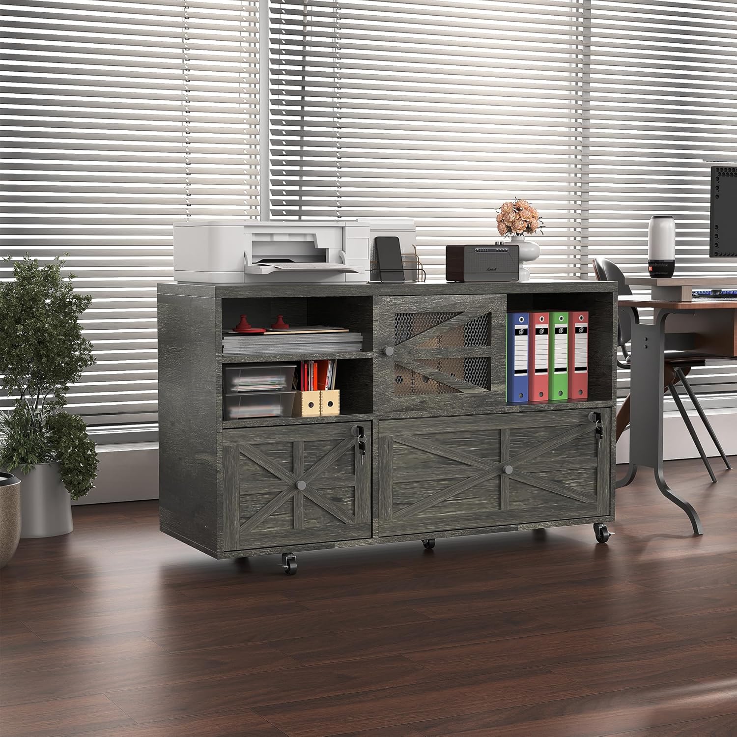 Semoic 2 Drawer Farmhouse File Cabinet with Lock, Mobile Lateral Filing Cabinet for Letter/Legal/A4 Size, Open Storage Adjustable Shelf for Home Office Cabinets, Gray