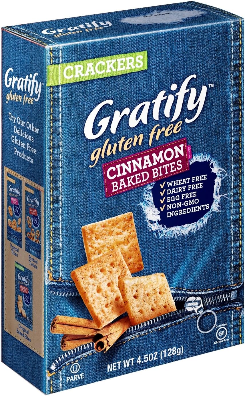 Gratify Gluten Free Crackers Bites Cinnamon and Sugar Crispy Baked Vegan GF Snacks, 4.5oz Bag (Pack of 12)