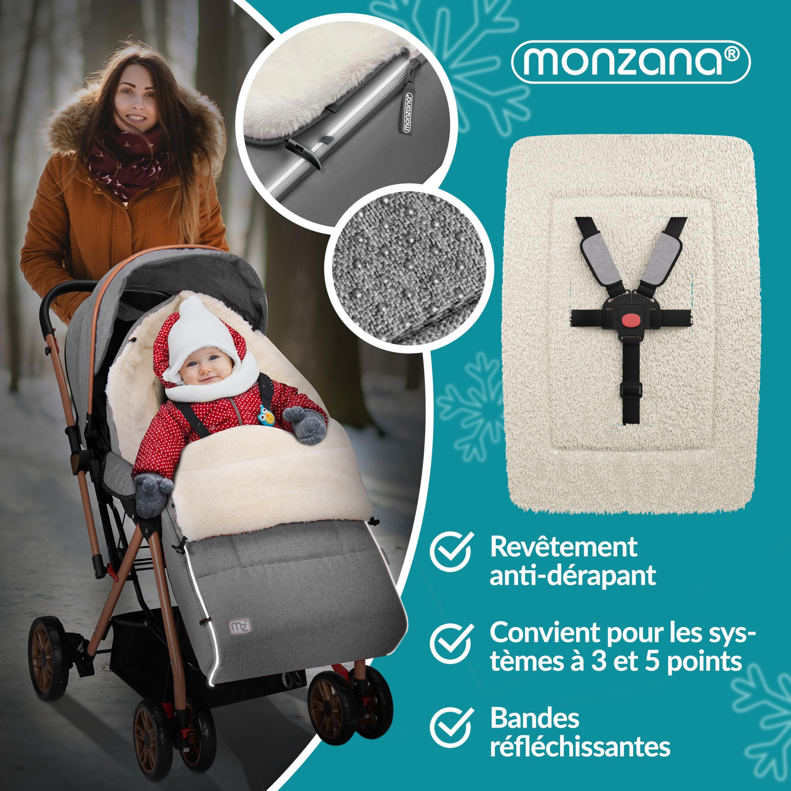 MONZANA® Chancelière universelle avec chauffe-mains pour poussette, landeau ou siege auto, Reducteur de lit bébé, Couverture bebe emmaillotage, nid d'ange, gigoteuse Hiver, Plaid - Gris