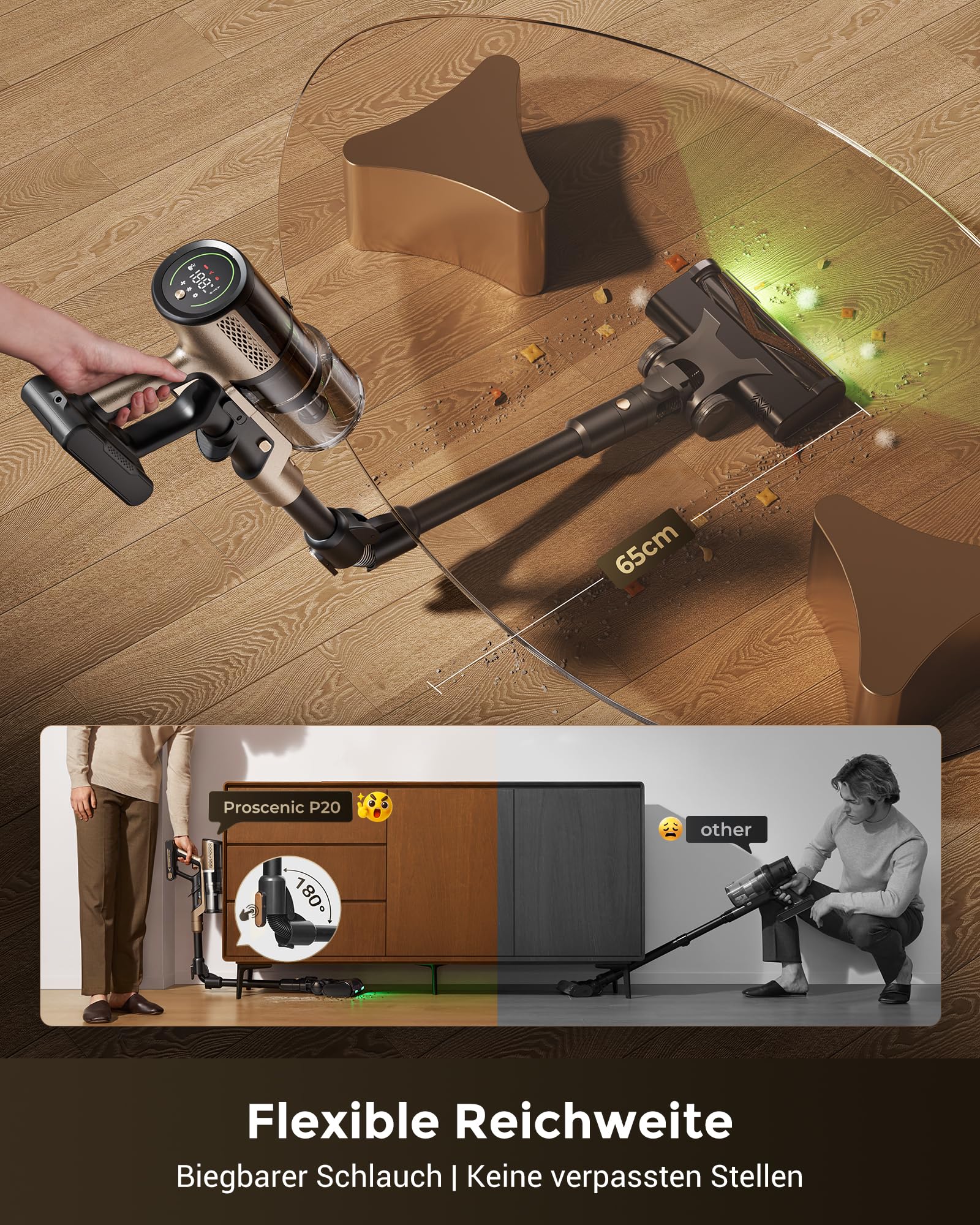 Proscenic P20+ Staubsauger mit Wischfunktion, 70 KPa 70 Mins 680W Akku Staubsauger Kabellos mit Selbststehend Wandladestation Anti-Tangle 6 Schichten Filter 1,5L, für Teppiche Haustierhaare