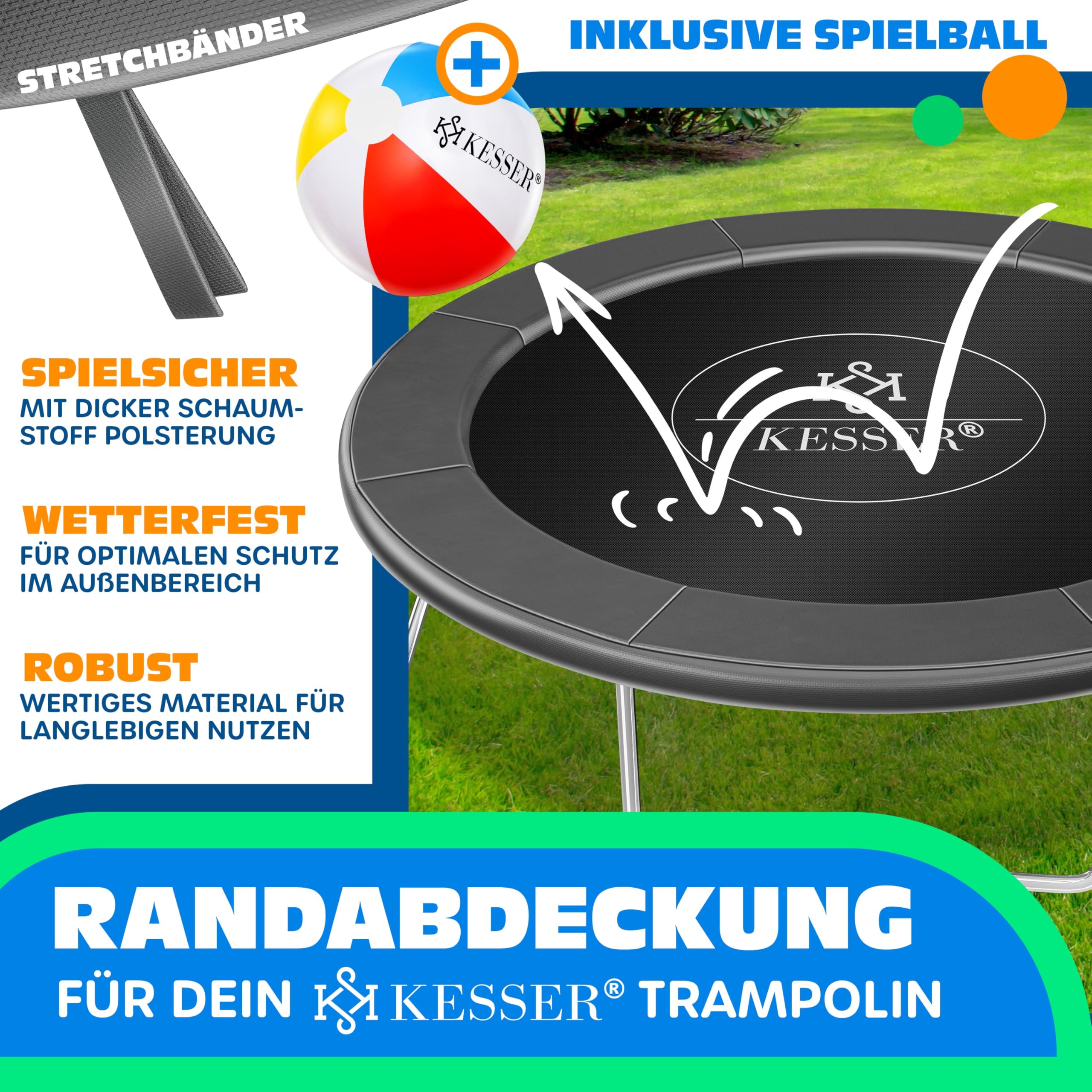 KESSER® - Trampolin Randabdeckung Ø 244, 305, 366, 426 cm, 30cm breit 100% UV-beständig reißfest Federabdeckung inkl. Beachball