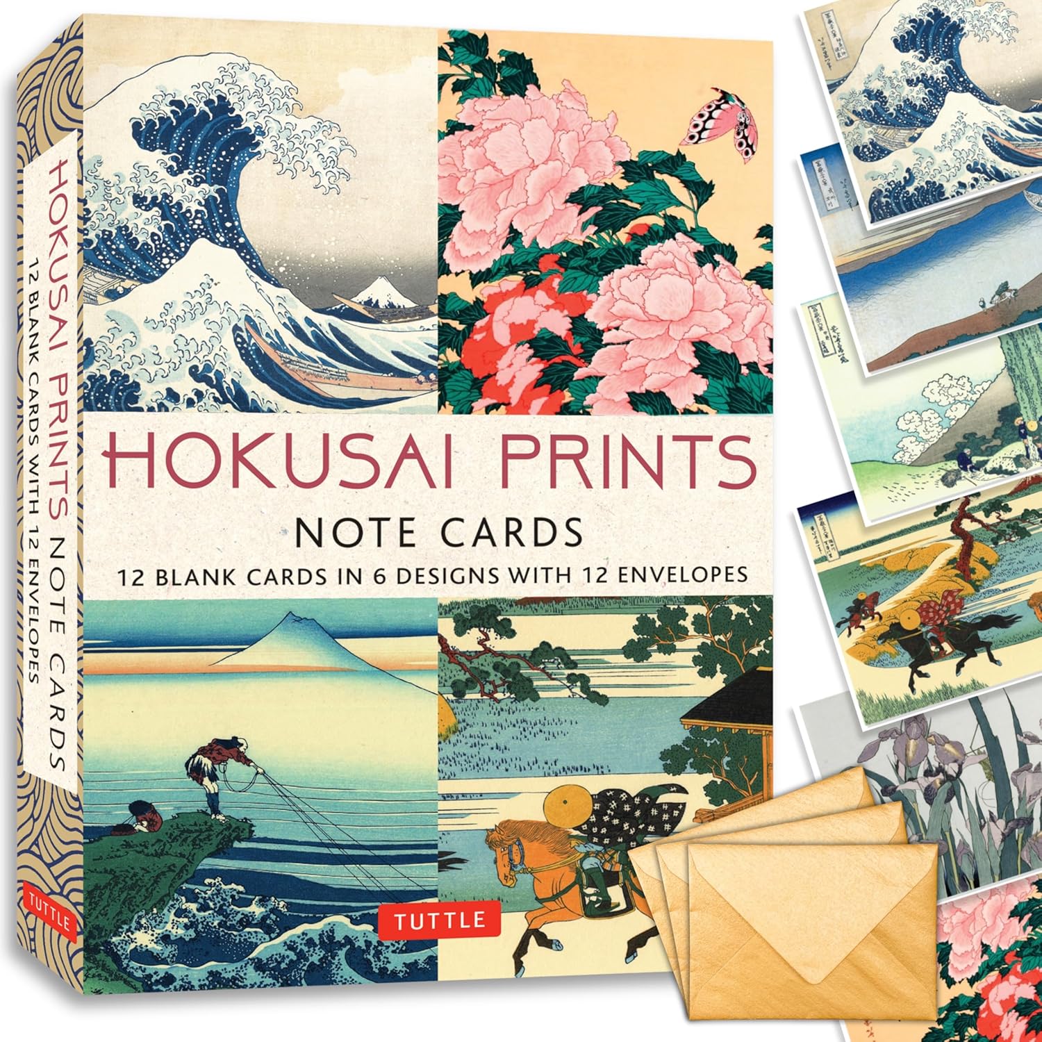 Hokusai Prints Note Cards - 12 Cards: 12 Blank Cards in 6 Lovely Prints (2 each) with 12 Patterned Envelopes in a Keepsake Box
