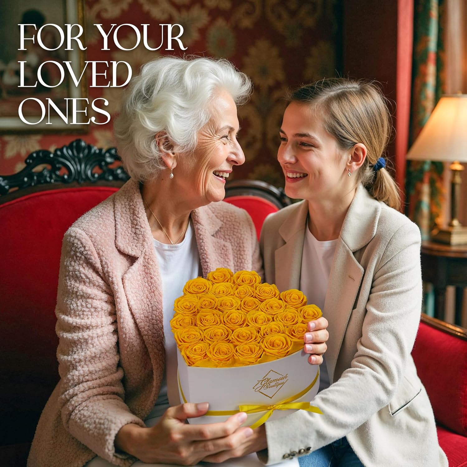 GLAMOUR BOUTIQUE Preserved Roses in a Box - Gifts for Her, Wife & Mom, Rose Flowers Forever Decor for Birthday Gift, Get Well Flower Bouquet Cased in White Box with Cover - Yellow - 27 (Color-Treated) - Image 9