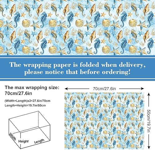 Miniatura 2 de AnyDesign 12 hojas de papel de regalo de animales marinos, acuarela, caballito de mar, coral, papel de regalo plegable a granel, papel de arte plano