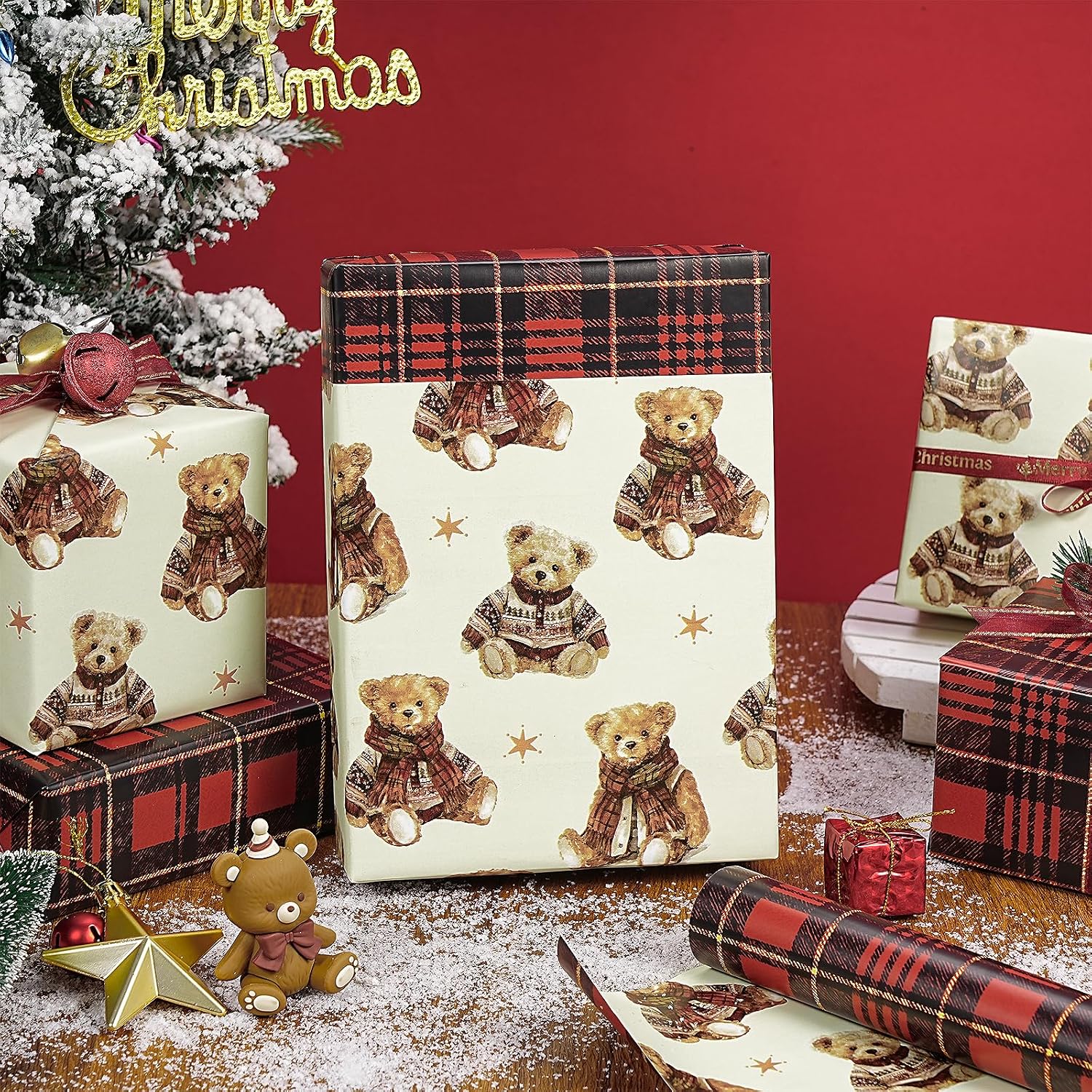RUSPEPA 30" X 32.8' Reversible Christmas Wrapping Paper Large Paper Roll, Jumbo Roll, Red Green Plaid Tartan and Cute Bear Double Sided Gift Wrap Paper for Kids, Friends, Family, Holiday, Xmas Party image 3