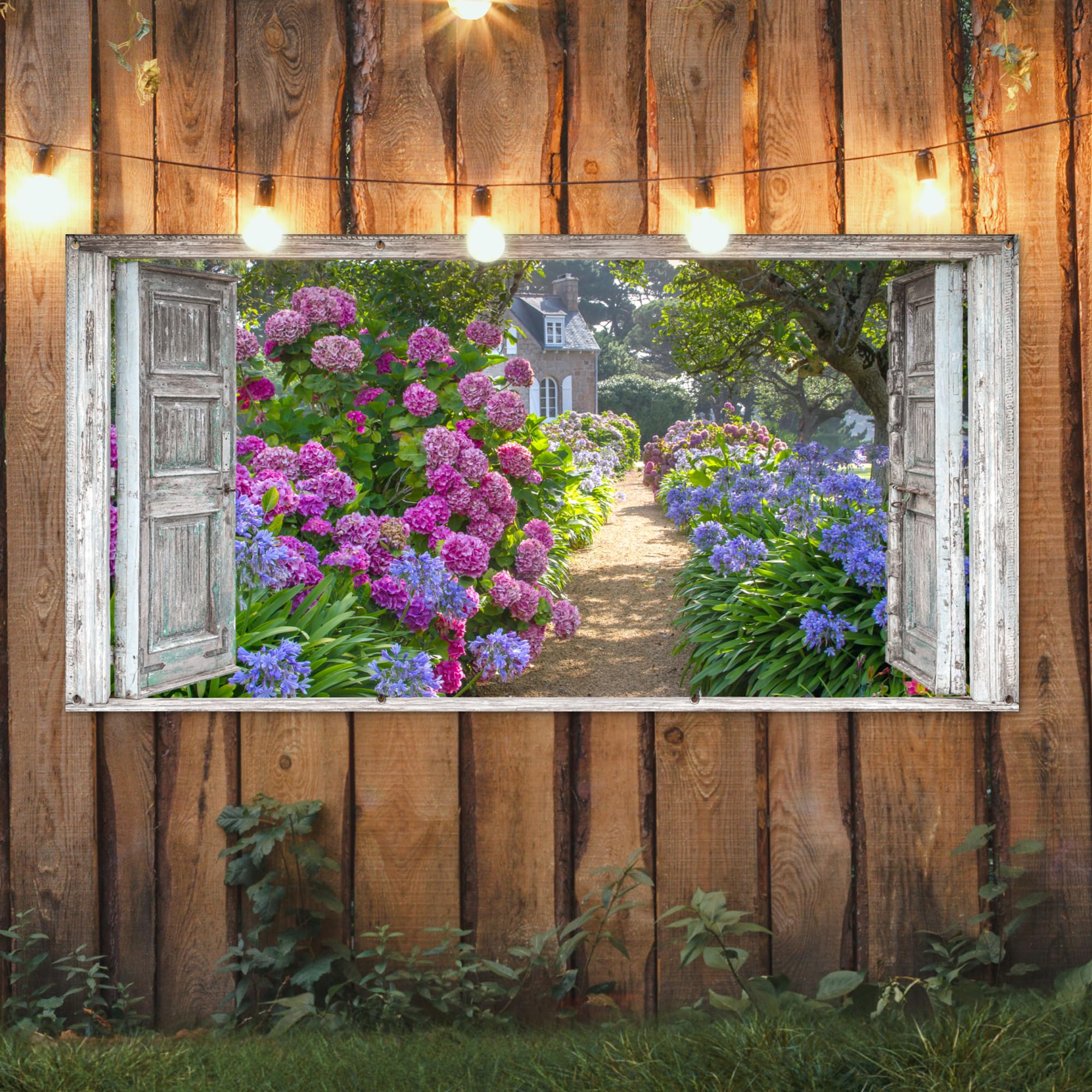 MuchoWow© Gartenposter Groß 200x100 cm XXL Outdoor Bilder Gartendeko für draußen Wetterfest Garten Deko Terrasendeko Banner Draußen Bild Dekoration Fensterblick - Hortensie - Blumen