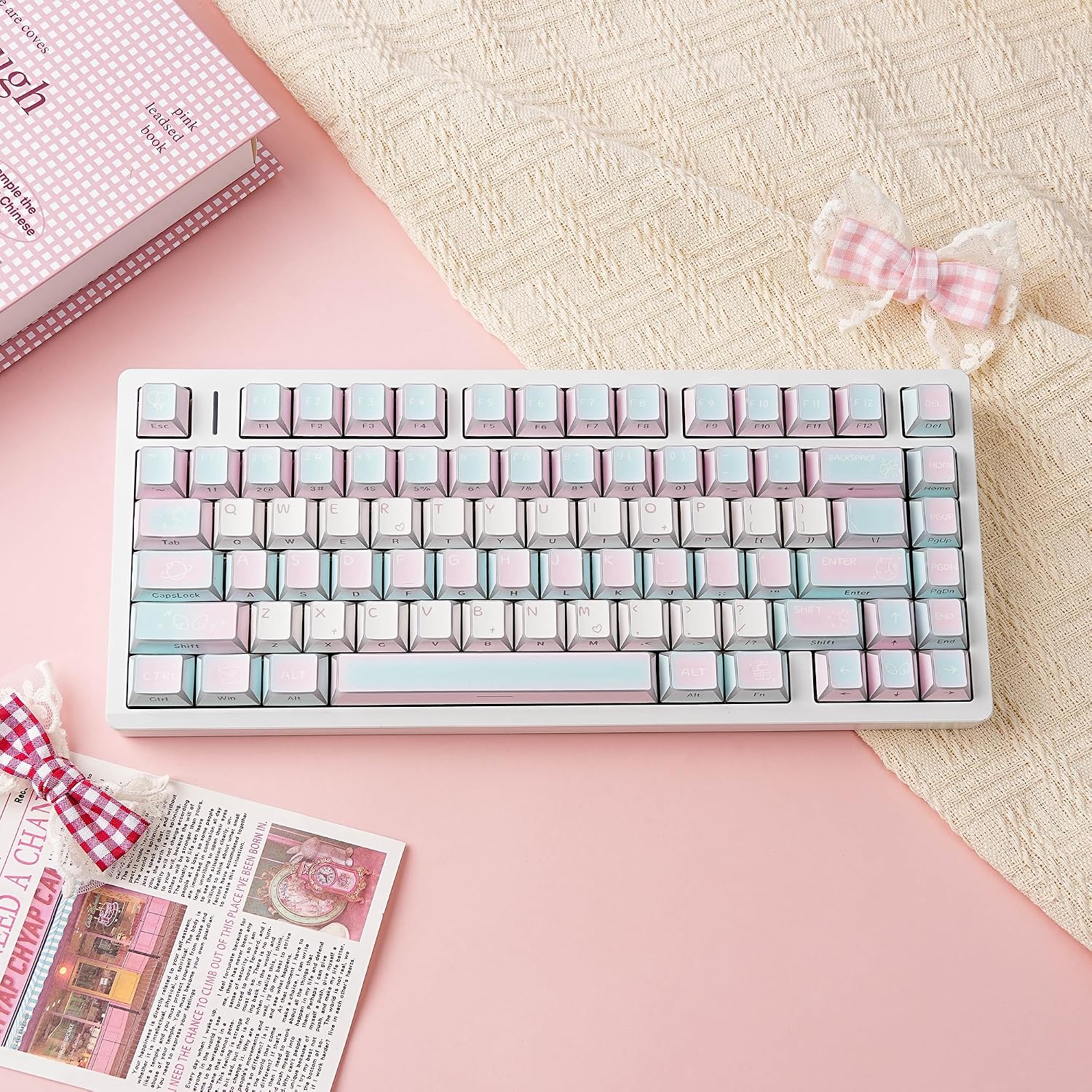 Marshmallow Prism Shine Through Keycaps, PBT & PC Doubleshot Cherry Profile Keycap Set, 130-Key Side Printed Four-Sided Translucent Keycaps fit for Mechanical Keyboards with MX Switches