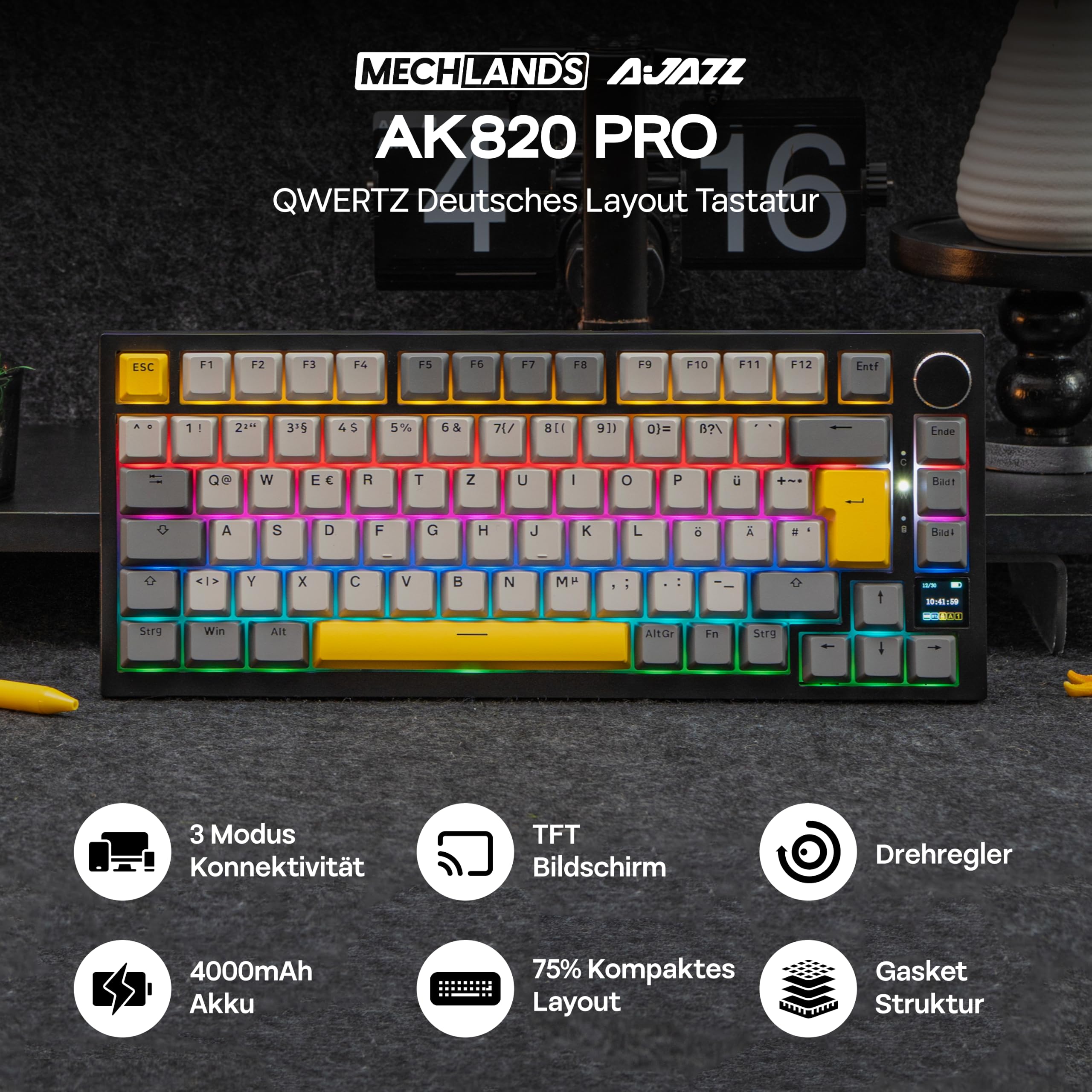 MechLands AK820 PRO 75% Mechanische Tastatur, QWERTZ Deutsches Layout, 3 Modi Drahtlose Tastatur mit TFT-Bildschirm & Cremiger Dichtungsstruktur, Hot-Swap-fähig, RGB, NKRO für Win/Mac (Schwarz)