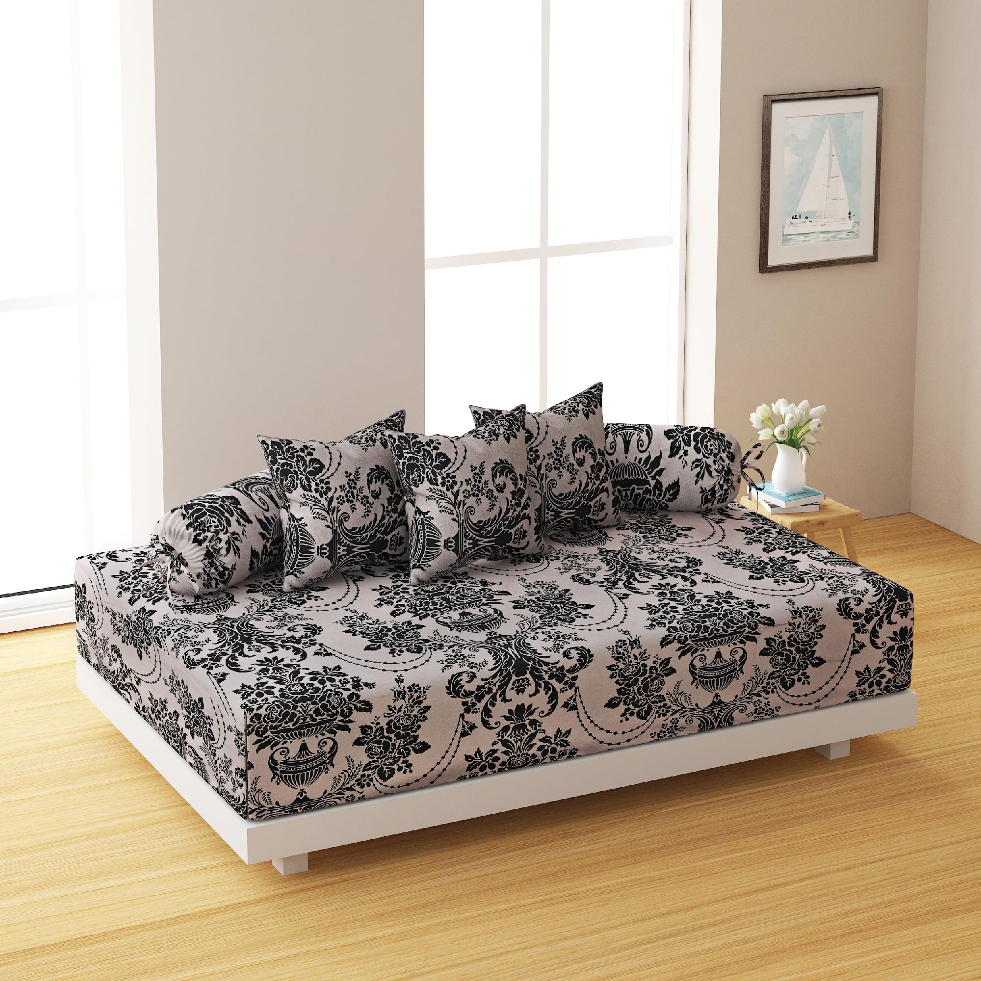 Swayam Diwan Set Cotton 6 Piece Diwan Printed Bedsheet Set for Living Room Hall (Set of 6 Piece, 1 Diwan Sheet | 2-Bolster Cover| 3 Cushion Covers) Soft Feel,Grey-image-43
